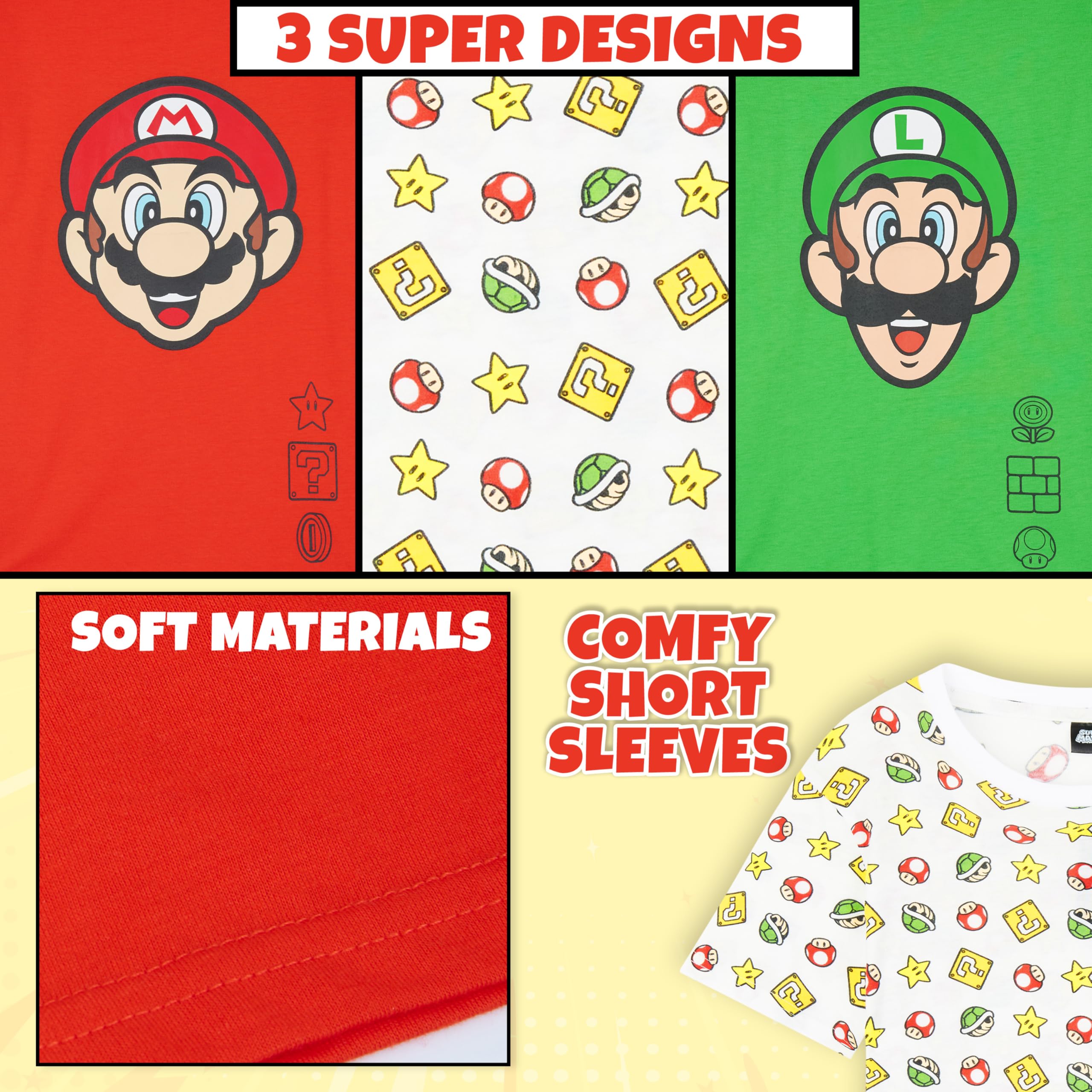 Super Mario - Maglietta per ragazzi, confezione da 3 magliette a maniche corte con grafica, maglietta estiva a girocollo, regalo Mario Luigi per ragazzi 5-14