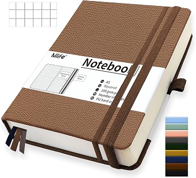 Mlife A5 Graph Paper Notebook,360 Pages Thickened Squared Notebook,Premium 100g/M  Ink Resistant Paper Thick,Pu Hard Cover Grid Notebook,Inside Pocket,Elastic Banded,Grid Paper for WritingBrown