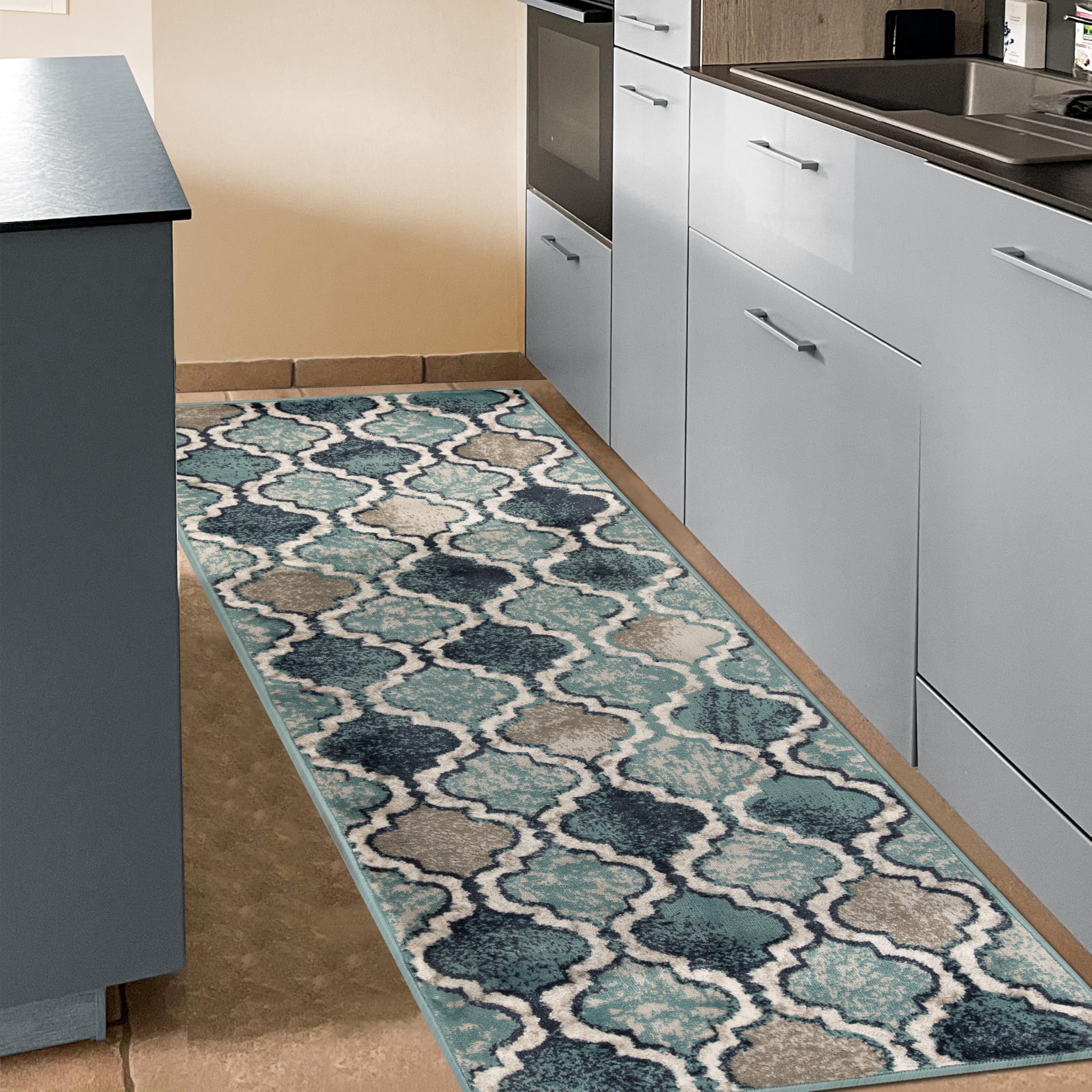Tapis de couloir anti-glisse bleu roi envers jute pour sol protégé