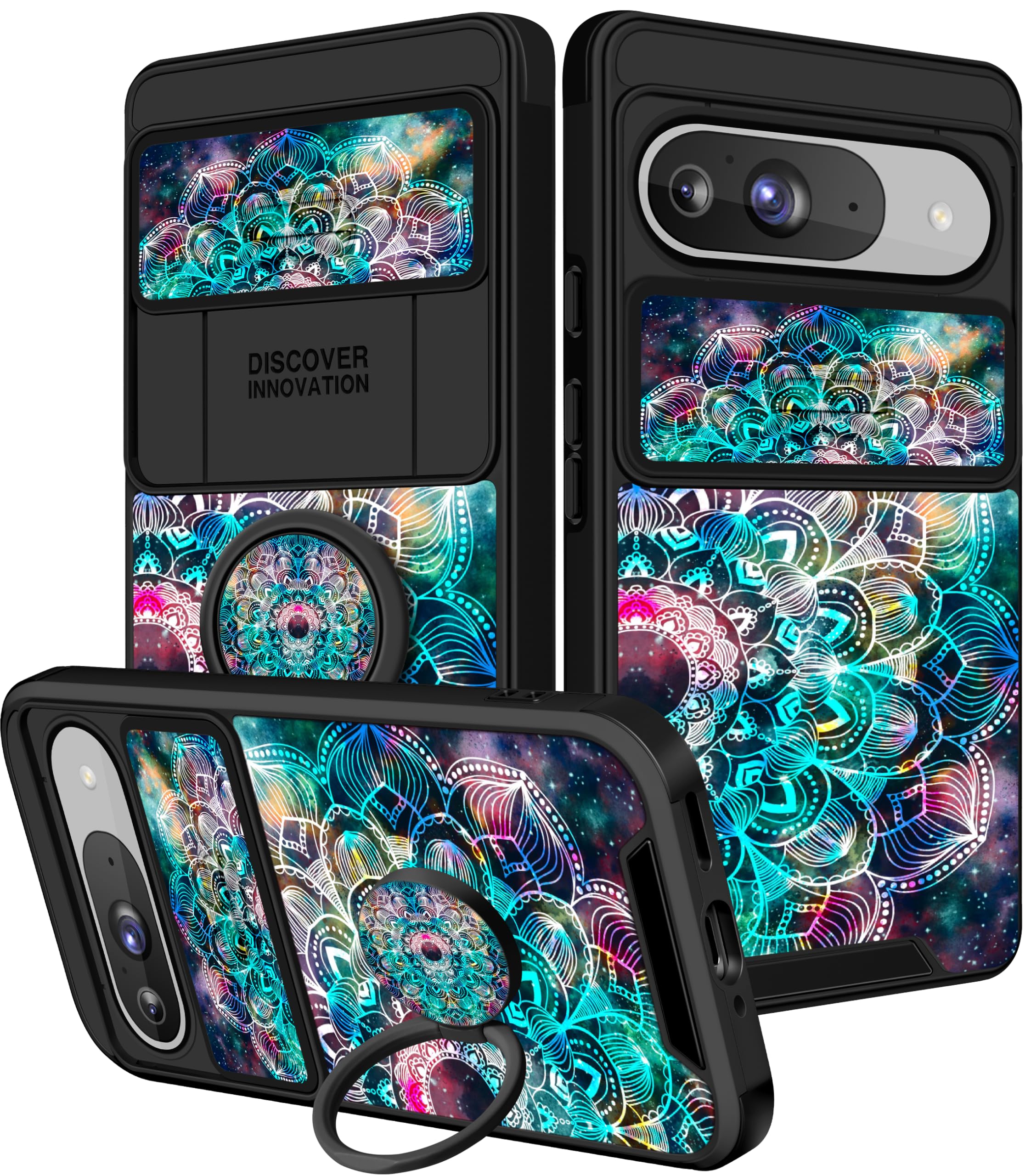 Funermei for Pixel 9 Pro/Pixel 9 Case - Women Girls Cute Phone Cover Girly Pretty Aesthetic Flower Blue Unique Design with Camera Cover and Ring Stand