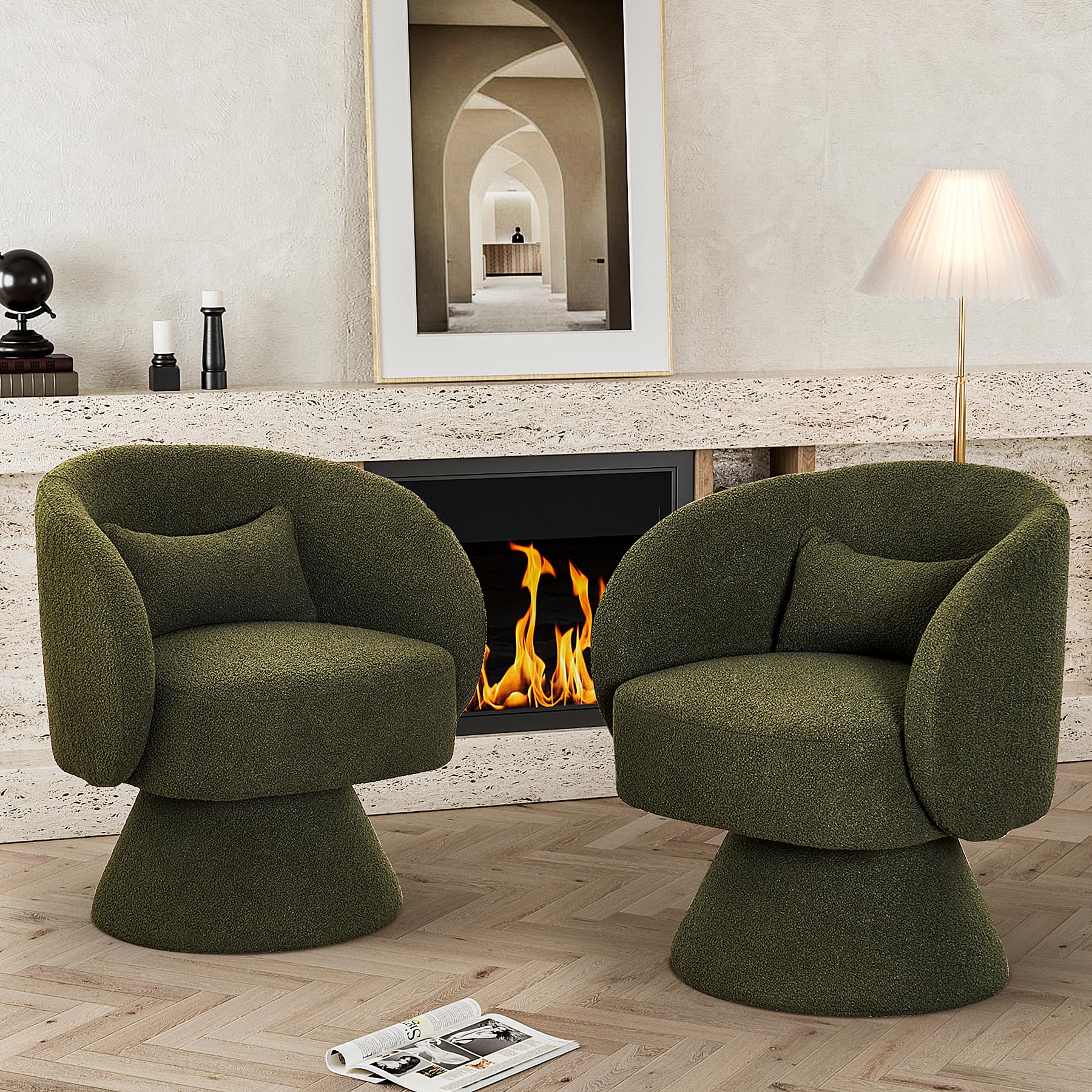 Swivel Barrel Chair Set of 2, Upholstered Swivel Cuddle Accent Sofa Chairs  for Living Room, Comfy 360°Small Boucle Sherpa Barrel Armchair for Bedroom