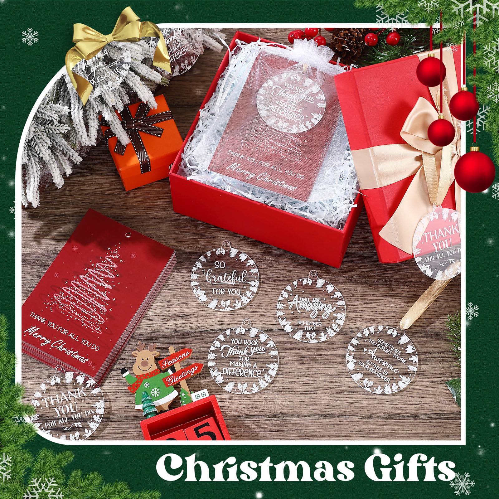 Nezyo 24 Sets Christmas Appreciation Gifts Acrylic Christmas Tree Ornaments Round Pendant Ornaments with Thank You Card Ribbon Mesh Bag Xmas Tree Decoration Thank You Gifts for Employee(Classic) - Image 2