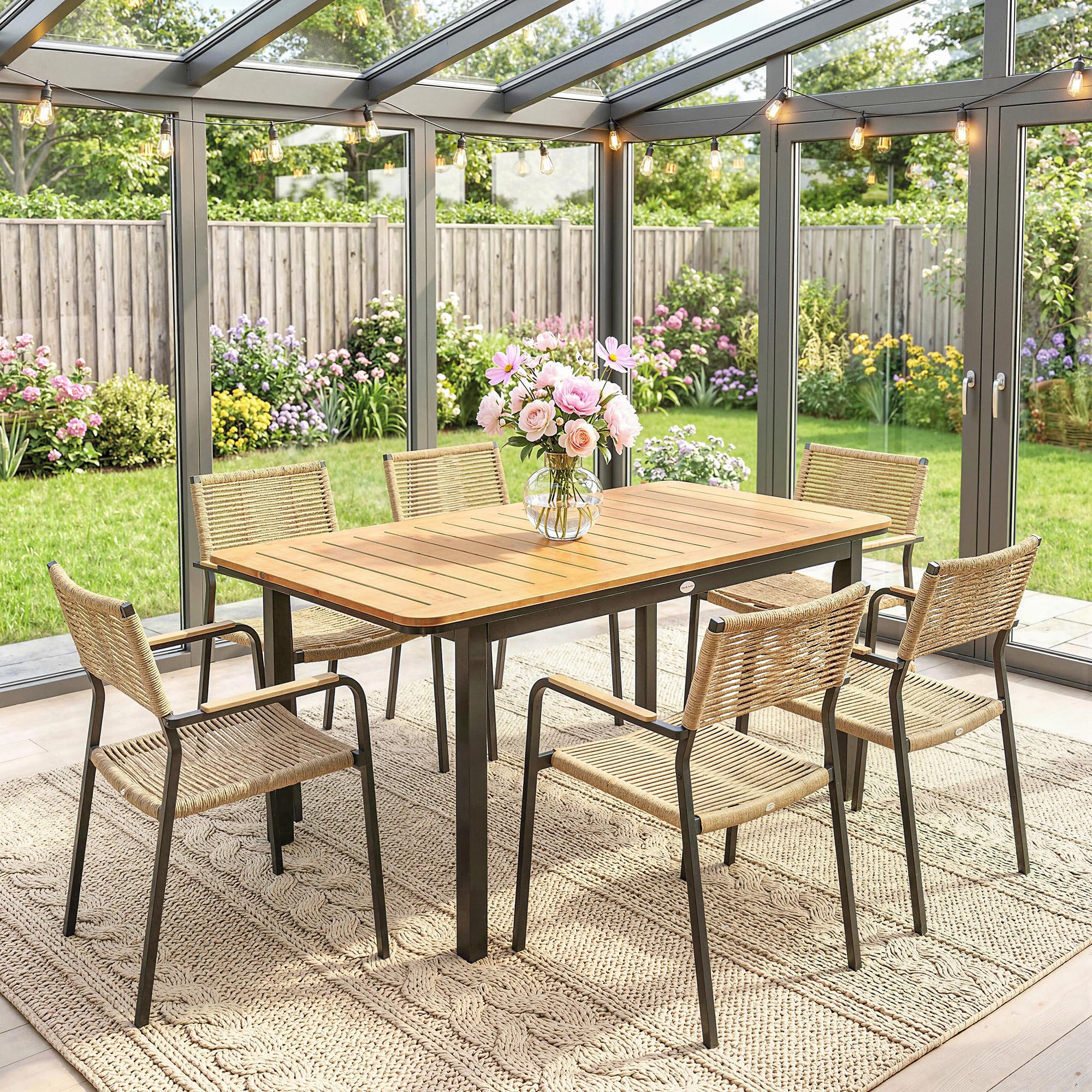 Outsunny - Mesa de jardín para 6 personas, madera compuesta, 127 x 70 cm, color marrón | Mesa de exterior rectangular, marco de metal, bandeja para láminas, muebles de terraza, para balcón y patio