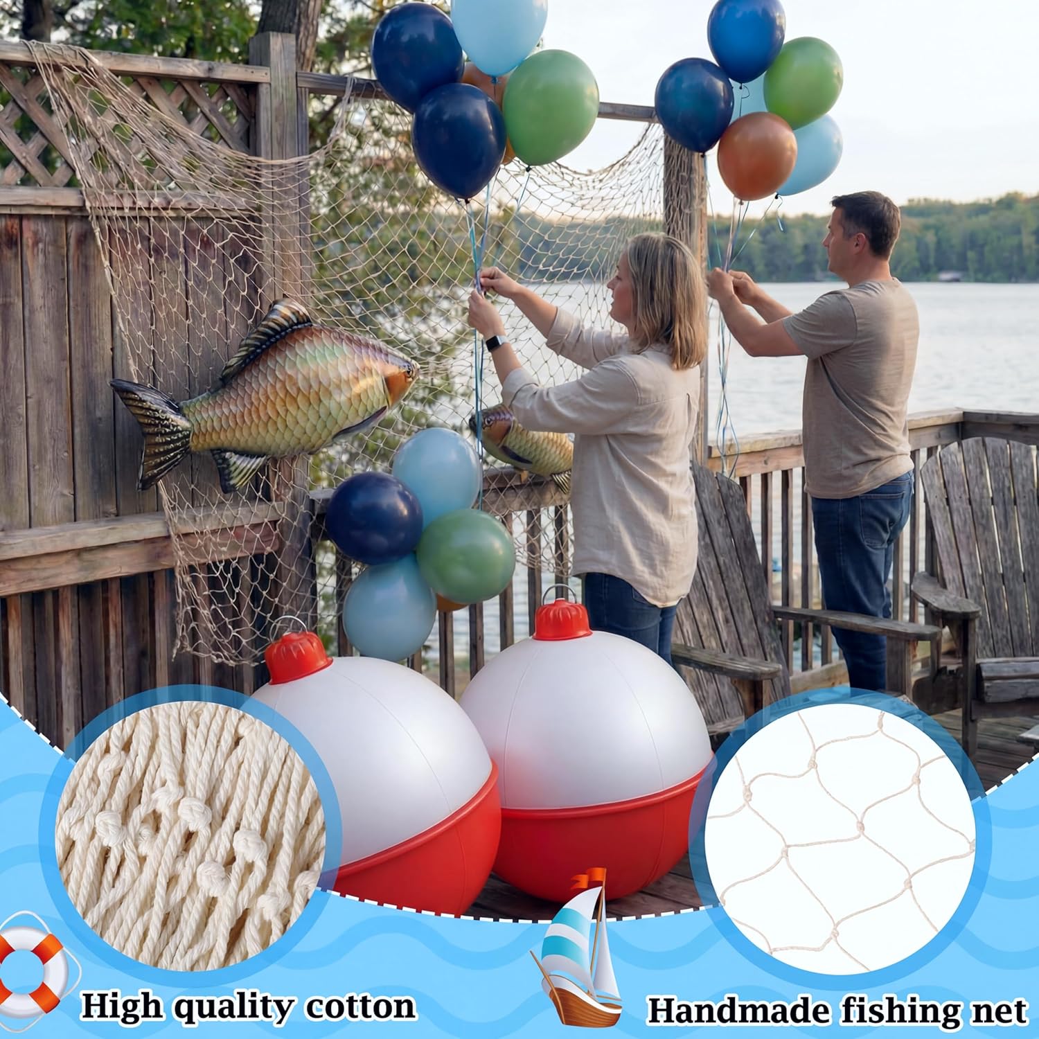 Jetec 148 Pcs Gone Fishing Party Decorations Set Including Inflatable Fishing Bobber Ball Fish Balloons Fish Net Green and Blue Balloons for Fishermen Birthday Party Yard Decoration