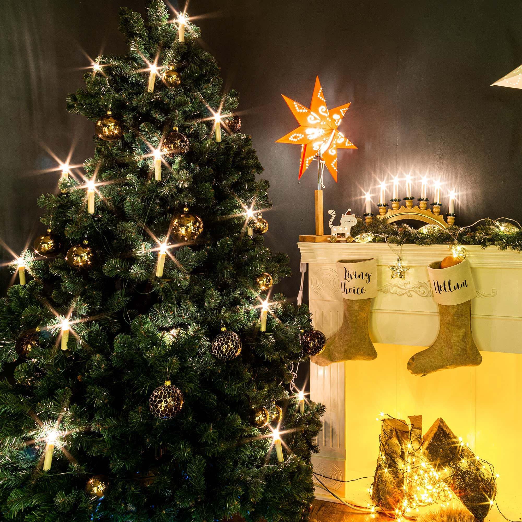 hellum Lichterkette Weihnachtsbaum, 15 Weihnachtsbaum Kerzen weiß mit Clip, Weihnachtsbeleuchtung außen, Lichterkette außen warmweiß 14,0 m beleuchtet, Kabelfarbe schwarz < 59 Lumen 530926