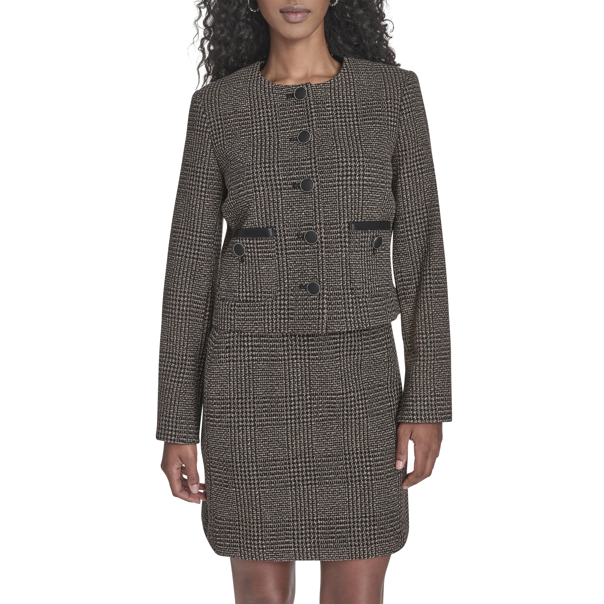 Calvin Klein Womens Shoulder Padding Button Closure Front Pocket Crew Neck Jacket