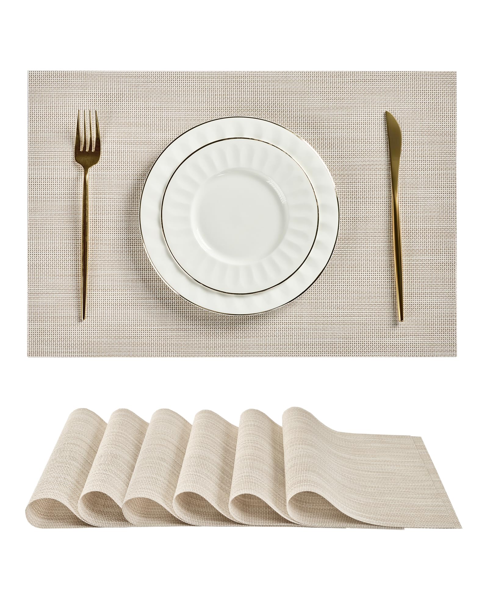 Leetaltree Beige White Placemats Set of 6 - Heat Resistant Non-Slip Place mats for Dining Table, Washable Durable PVC Vinyl Woven Table Mats(Beige White, 6) โ image 1