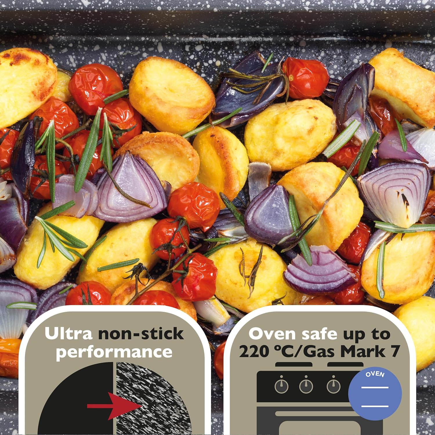 Salter COMBO-8262 Roasting Tray Set of 2, Non-Stick Carbon Steel Deep Roaster, Easy Clean, Strong & Durable Baking Pan, Long Lasting, PFOA-Free, Megastone Collection Oven Tin, Black/Silver, 37 cm