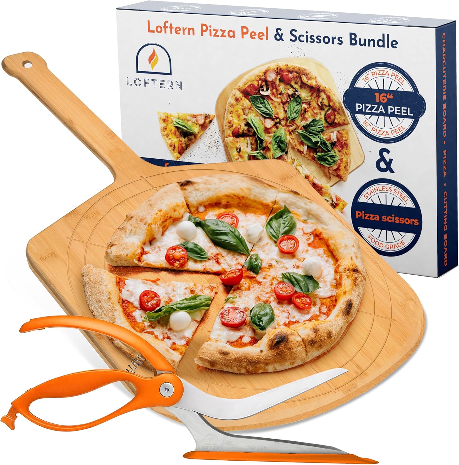 Loftern Pizza Peel & Orange Scissors Bundle - 16" Bamboo Pizza Board with Size Guide & Non-Stick Scissors - Wood Pizza Peel, Cutter & Server for Easy, Mess-Free Slicing