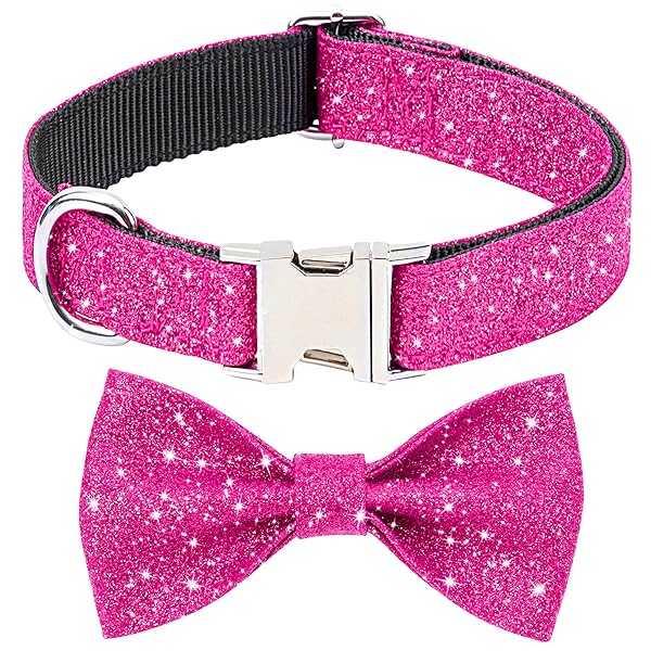 Jumpress Girl Dog Collar with Bow, Bling Female Bowtie Dog Collar for Puppy Small Dogs and Cats Daily Walking or Holiday Party (Hot Pink, Neck fit 9-12)