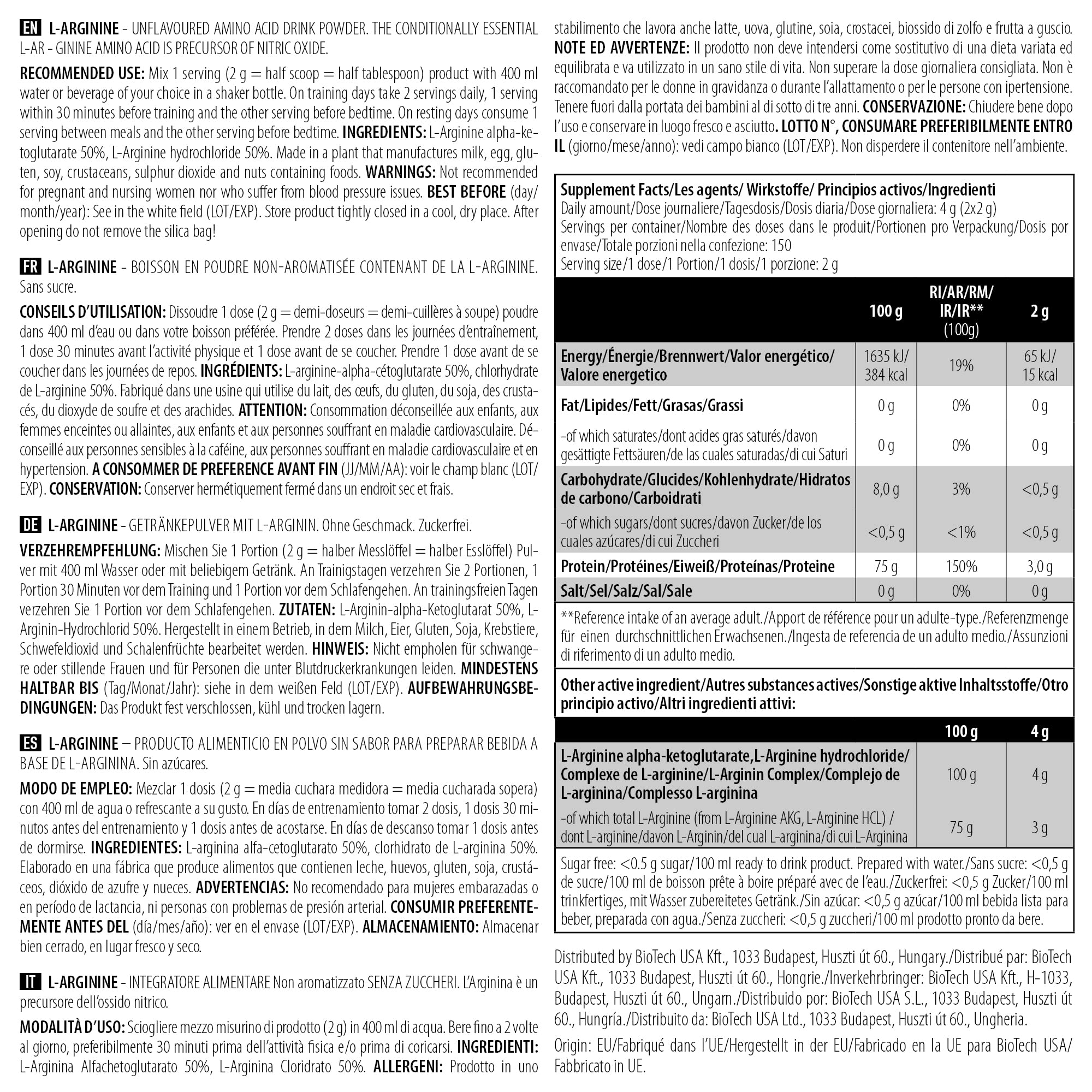 BioTechUSA L-Arginine | Acide aminé en poudre | Augmente la production de NO | Idéal pour les athlètes et les bodybuilders | Sans sucre ni graisse | 300 g
