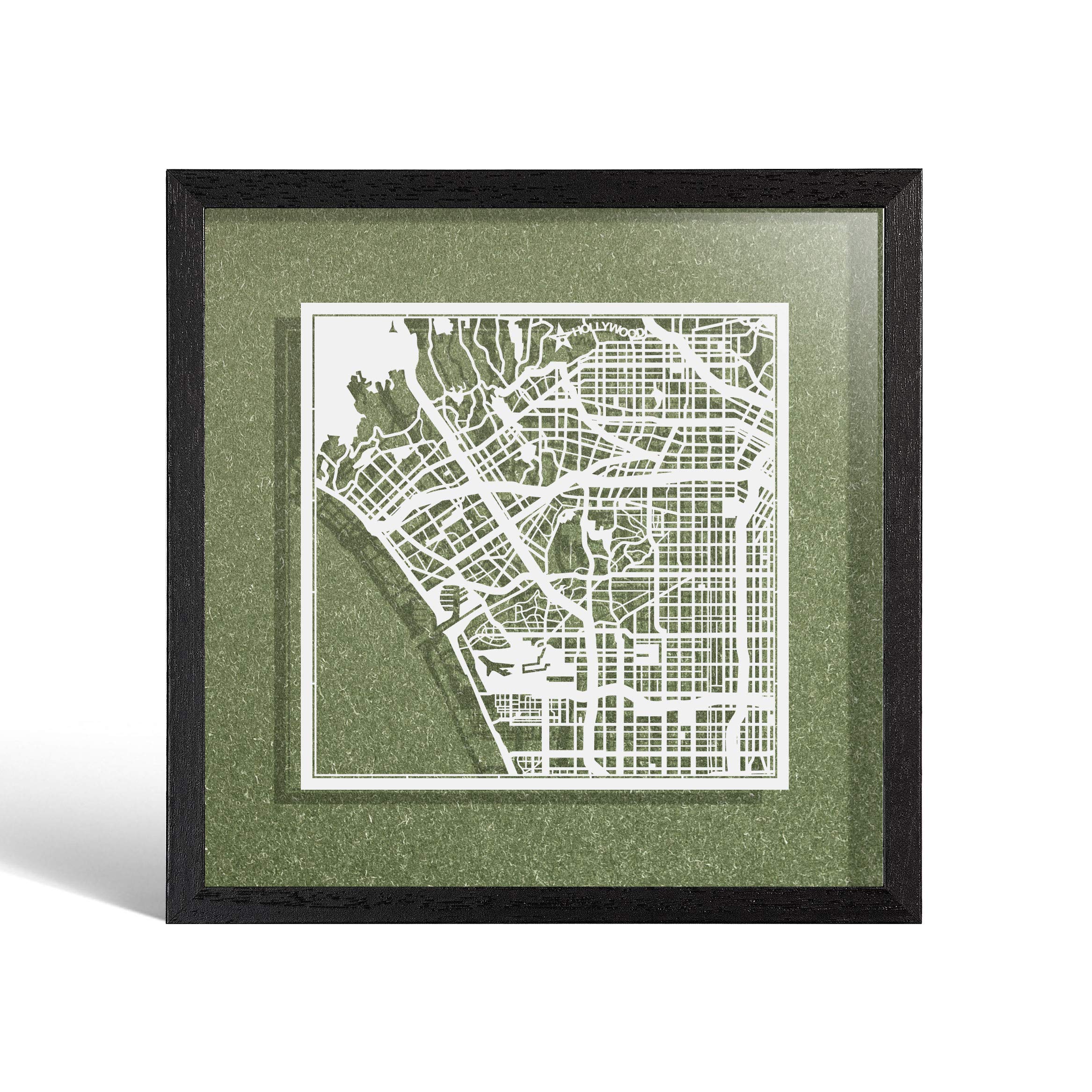 O3 Design Studio Los Angeles Cut Map Framed, White map, Black Frame, 9x9 inches, Paper Cutting Art Work, Gift Boxed, 4 Background Color, self-Changing, Wall Art