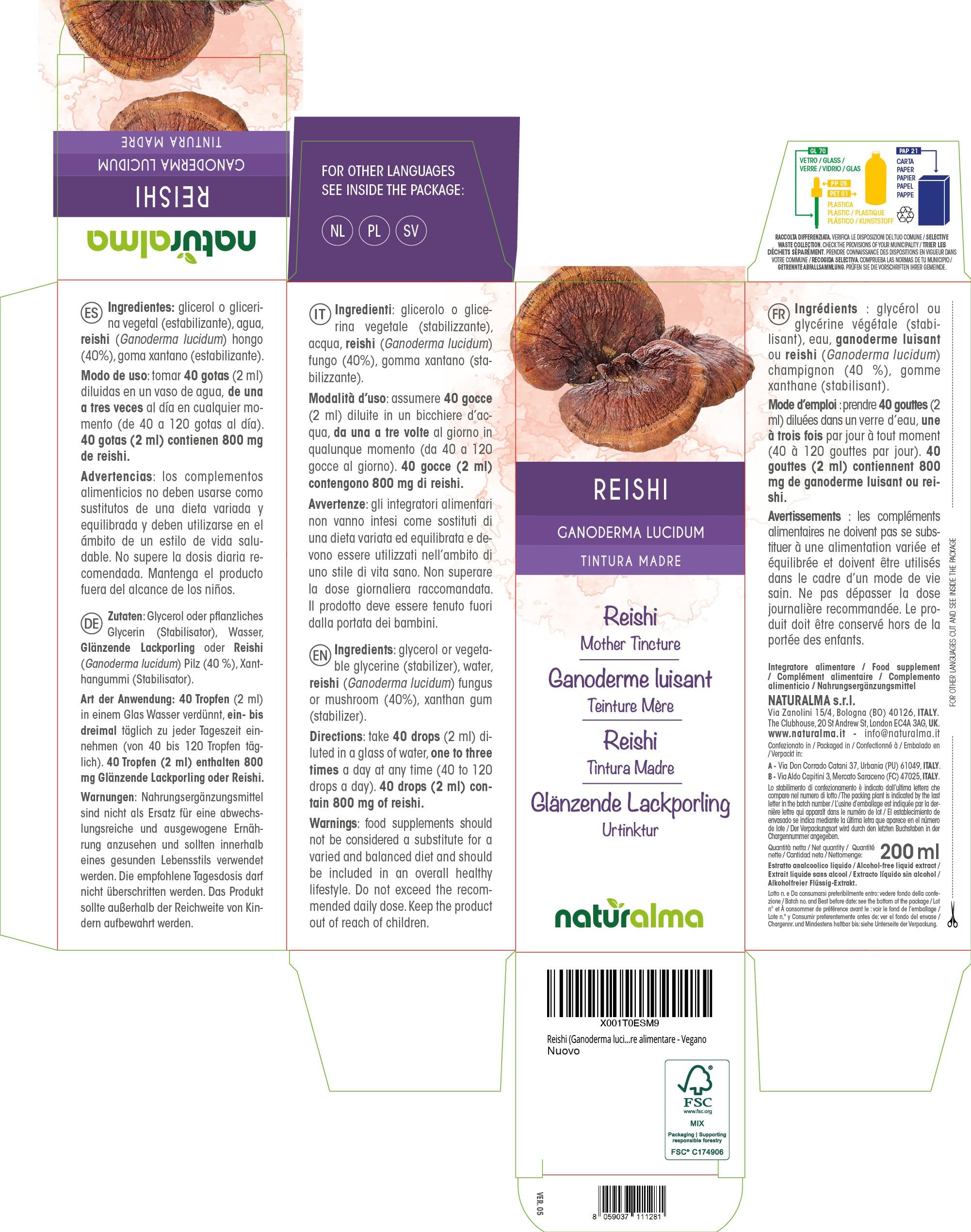 Ganoderme luisant ou Reishi (Ganoderma lucidum) champignon Teinture Mère sans alcool Naturalma - Extrait liquide gouttes 200 ml - Complément alimentaire - Végétalien ou végan