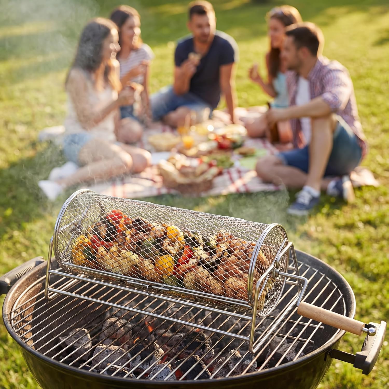 Gisafai 2 Set Rolling Grill Baskets, 304 Stainless Steel, Rotating Nesting Grill Basket, Removable Wooden Handle, Nesting Grilling Net BBQ Accessories Tools for Outdoor Camping, Gifts for Dad Husband