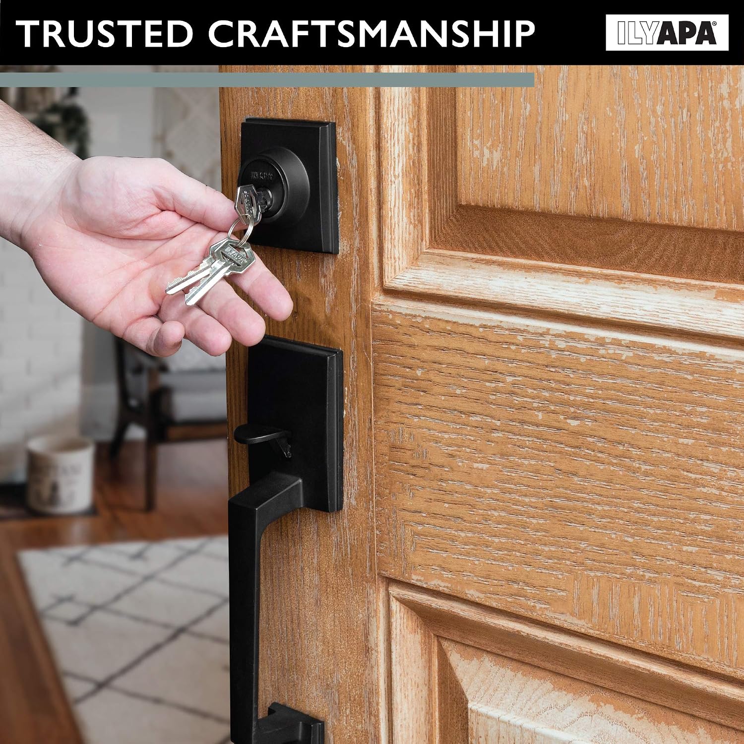 Ilyapa Front Entry Door Exterior Handleset - Modern, Matte Black Low Profile Lock Set Handle with Single Cylinder Deadbolt and Halifax Lever, Matte Black