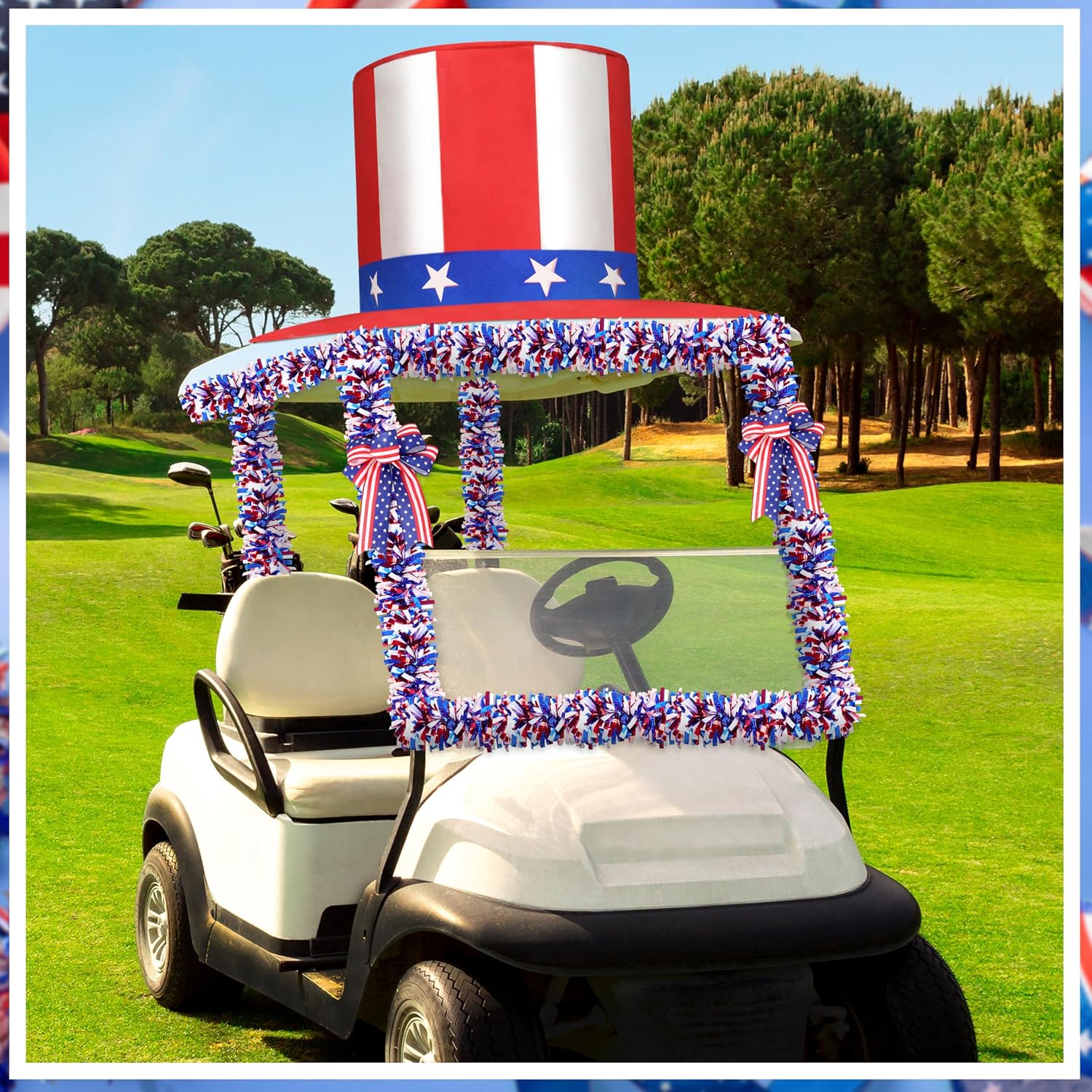 4th of July Parade Patriotic Car Decorations Kit with Giant Hat Red White Blue Tinsel Garlands , Bows for Independence Day Parades, Car Shows & Festive Events