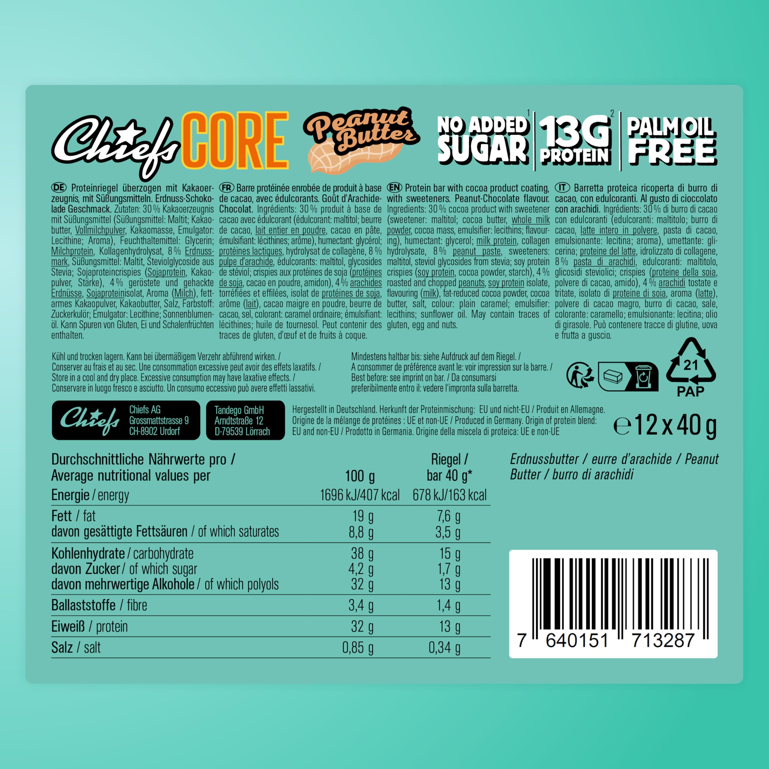 Chiefs Protein Core Bar (Peantu Butter) • Barre protéinée premium avec 13g de protéines & 163 kcal par barre • Sans sucre ajouté • Barre protéinée low sugar • Goût de Peanut • Pack de 12 (12 x 40g)