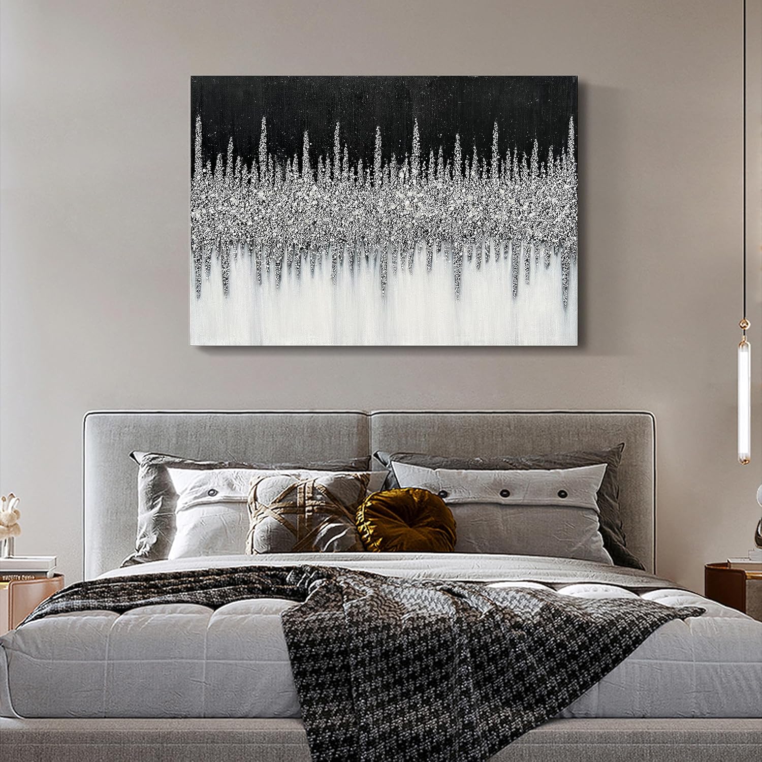 Art 28x40 inch Hand Painted Abstract Art Oil Painting in Black and Silver Texture Modern Wall Home Decoration Painting