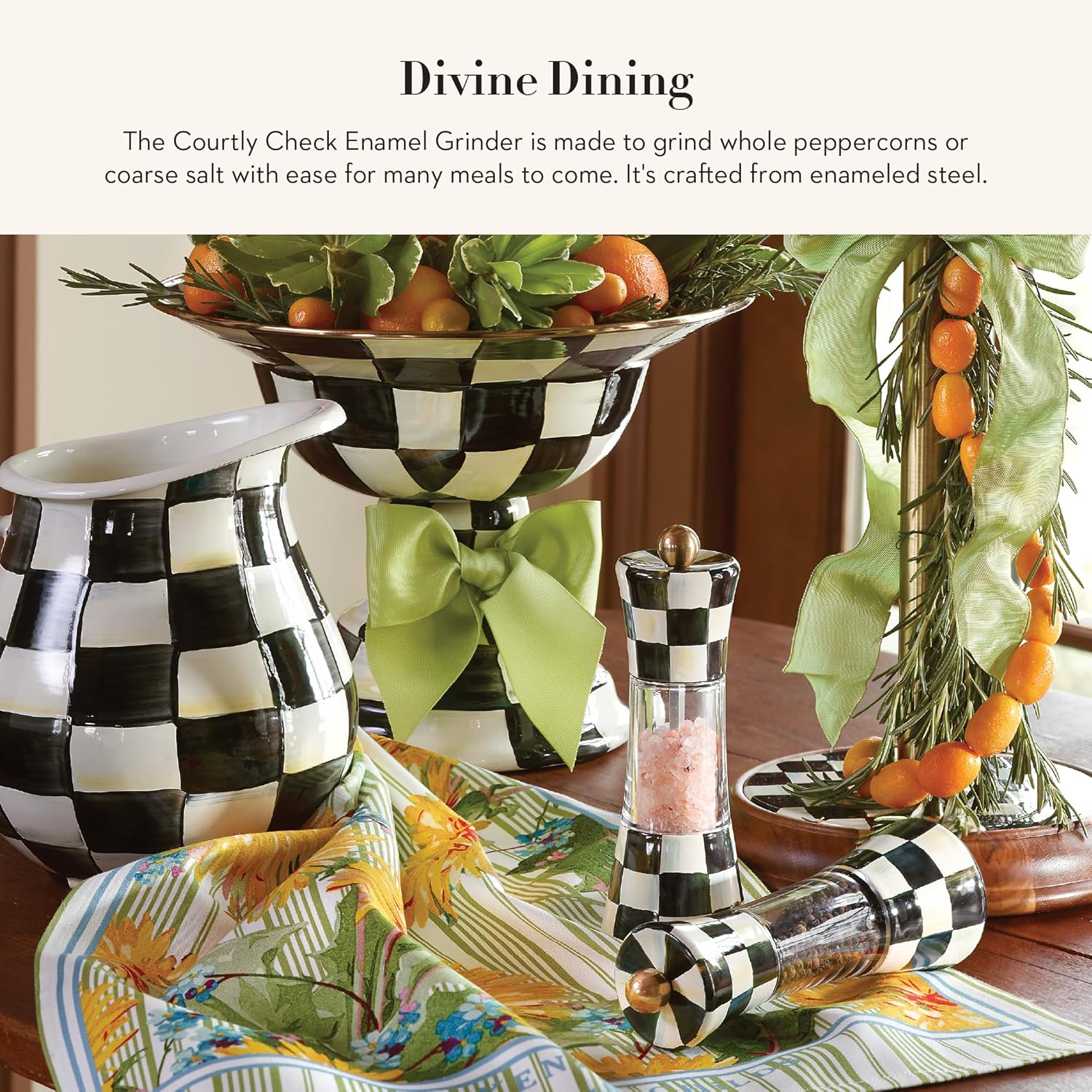 MACKENZIE-CHILDS Enamel Grinder, Refillable Manual Salt Grinder and Pepper Grinder, Black-and-White Courtly Check