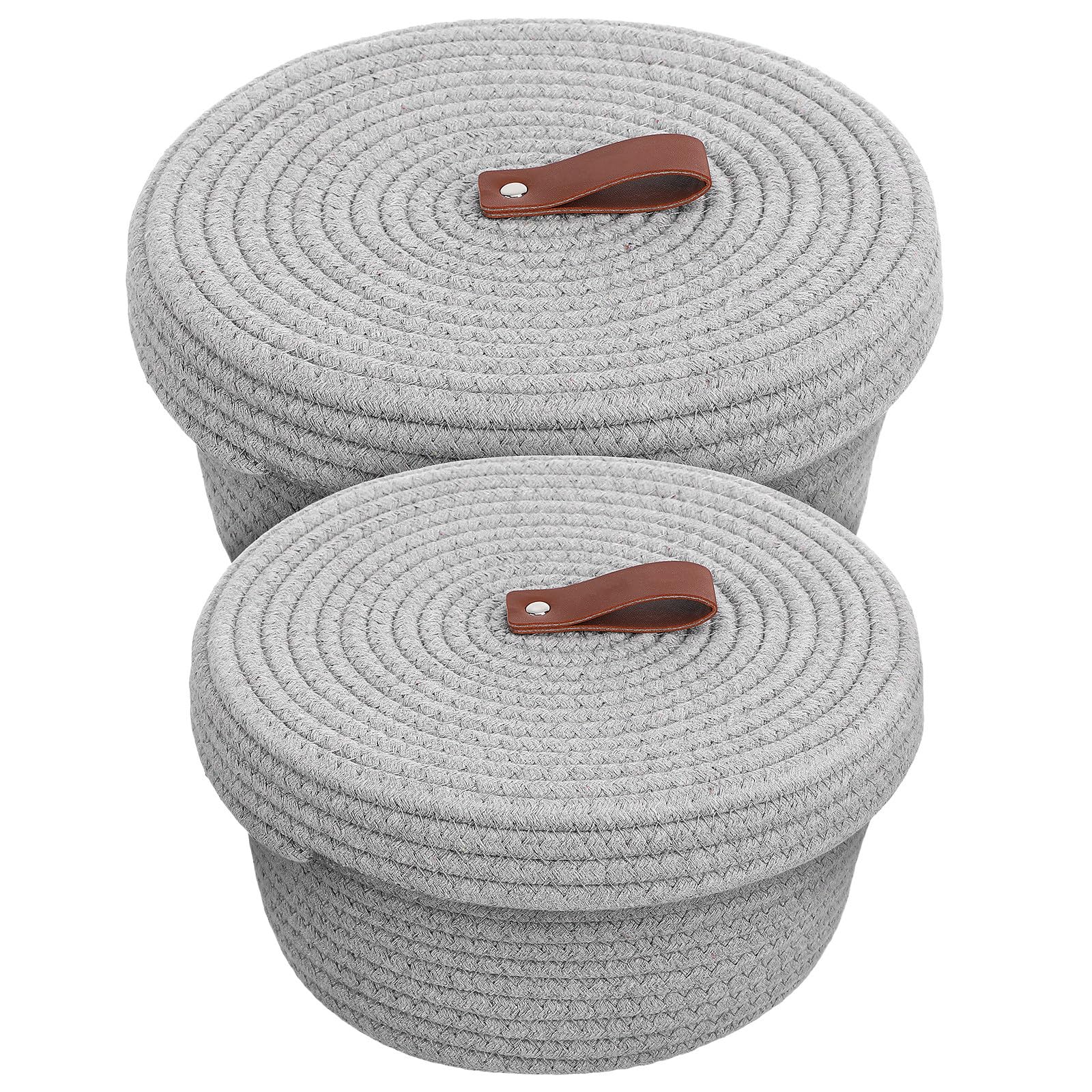 Aufbewahrungskörbe mit Deckel 2 Stück aus Baumwollstoff | Stabile Flechtoptik, Schlichtes Design in Neutraler Farbe, für Schlafzimmer und Wohnzimmer
