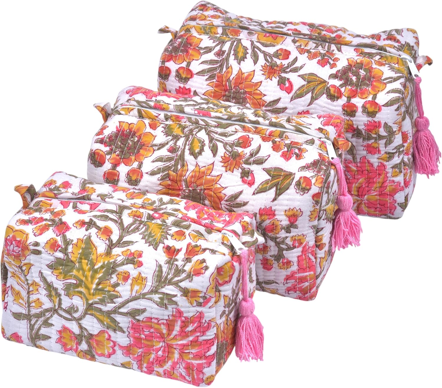 Quilted Floral Block Print Makeup Bag Set of 3 – Cotton Travel Toiletry and Makeup Organizer, Cosmetic Pouch, Toiletry Bag for Women, Cute Boho Coquette Make Up Bags for Women (Small, Medium, Large)