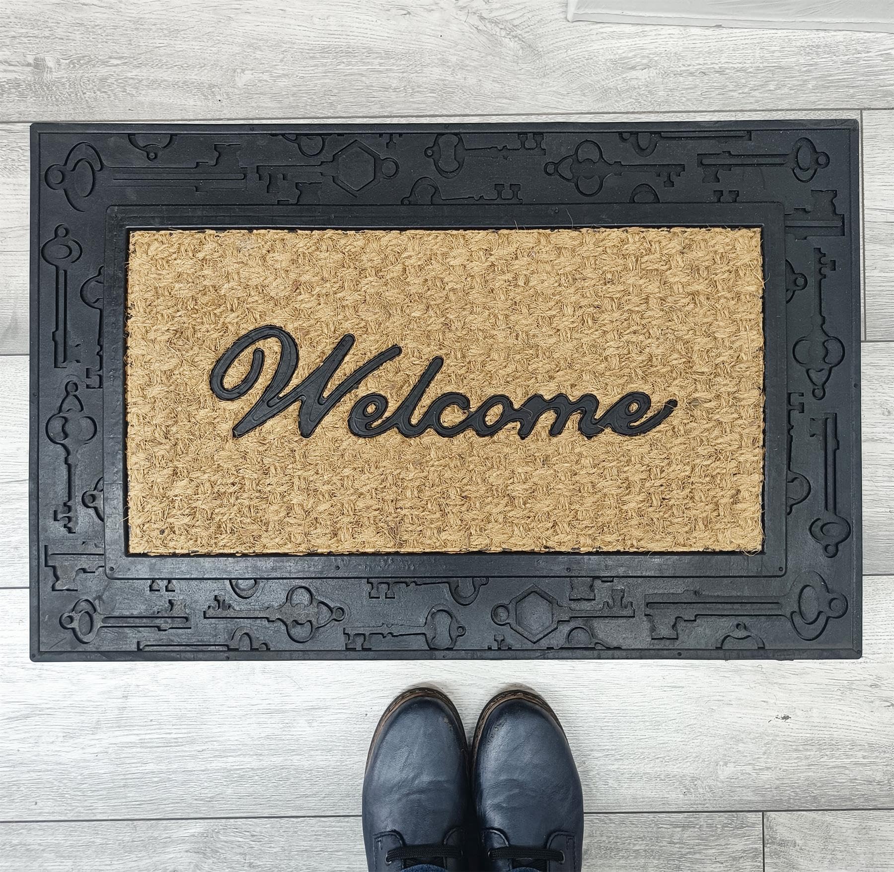 Vapinity 45 x 75cm Coir Rubber Door Mat – Heavy Duty Non-Slip Outdoor Doormat for Garden, Patio, Front Door, Indoor Entrance – Large Welcome Mat, Natural Coir with Durable Rubber Elements [Design02]