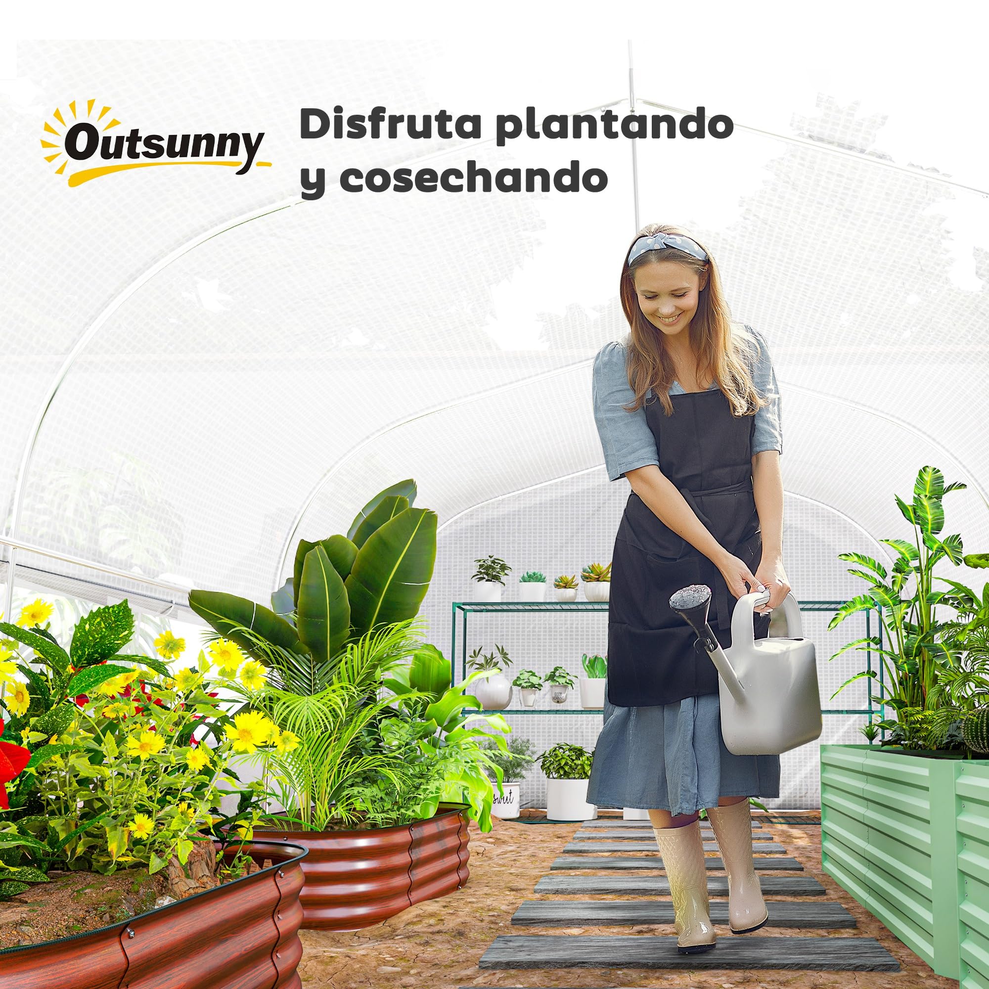 Outsunny Invernadero de Exterior 6x3x2 m con 8 Ventanas PE Anti-UV Blanco | Invernadero de Túnel, Puerta Enrollable con Cremallera, Laterales de Malla