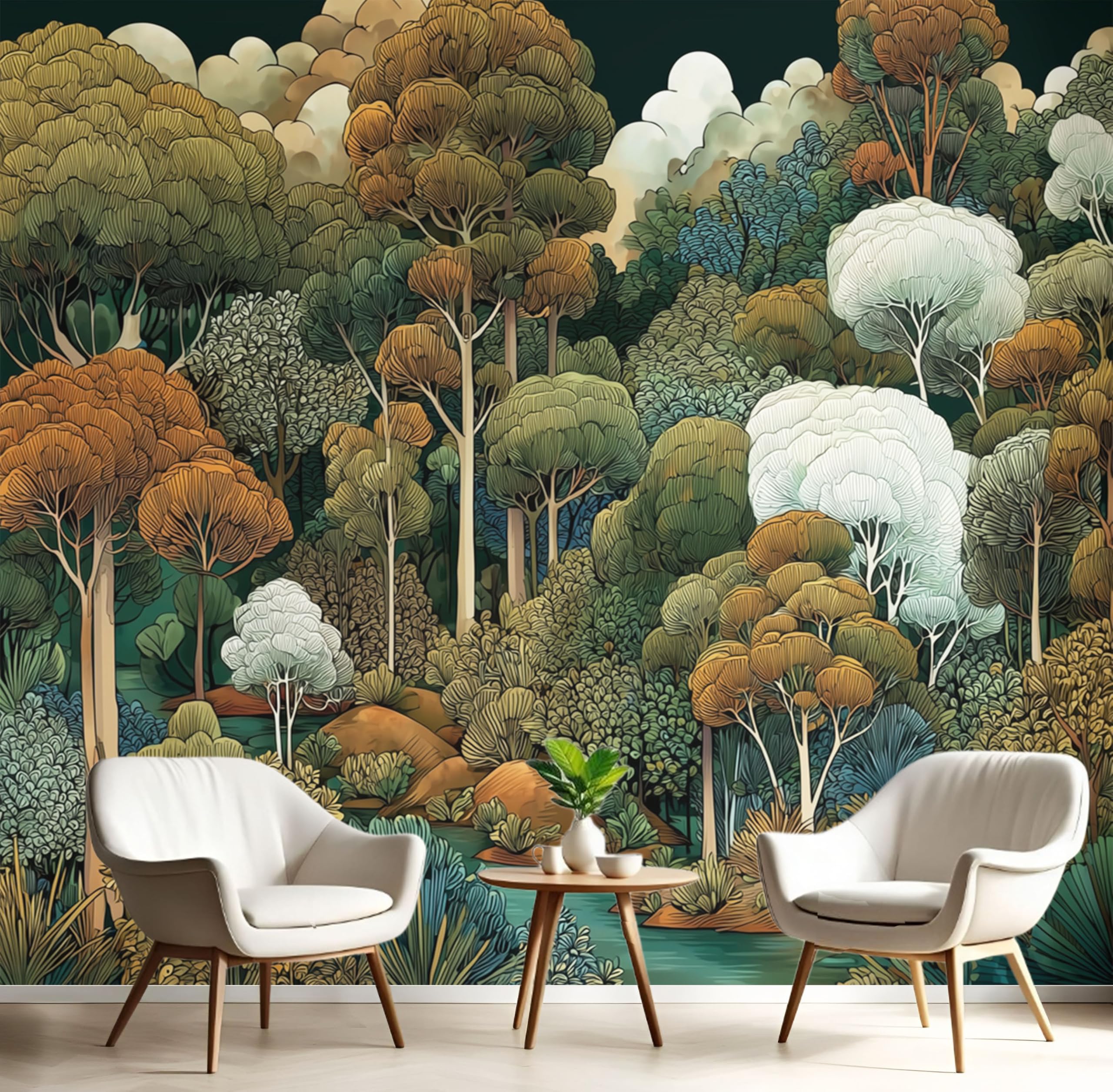 Decoración de pared con fotomurales bosque pintado a mano y papel pintado seda