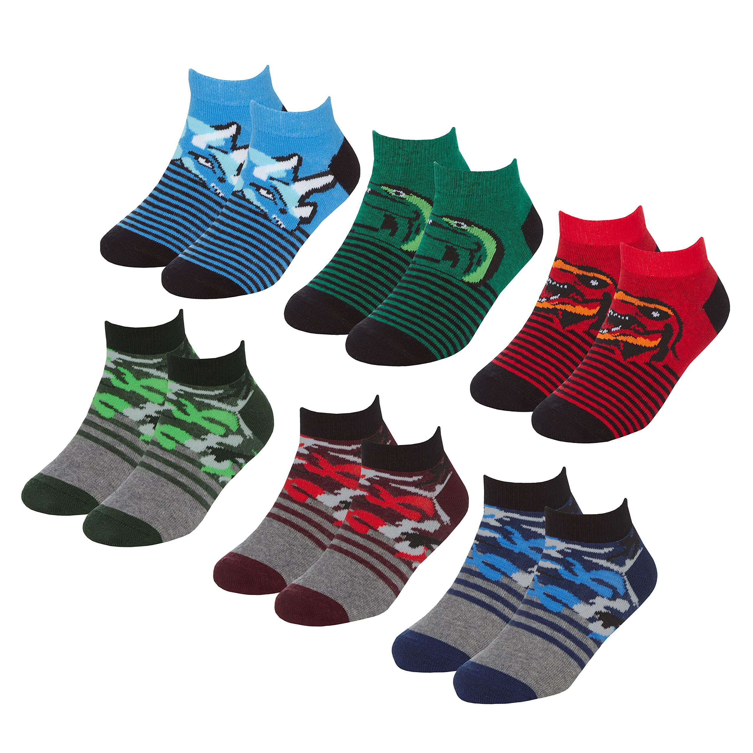 Metzuyan Boys 6 or 12 Pairs Trainer Liner Socks Cotton Rich Multipack Colourful Camo Dino Stripes 9-12