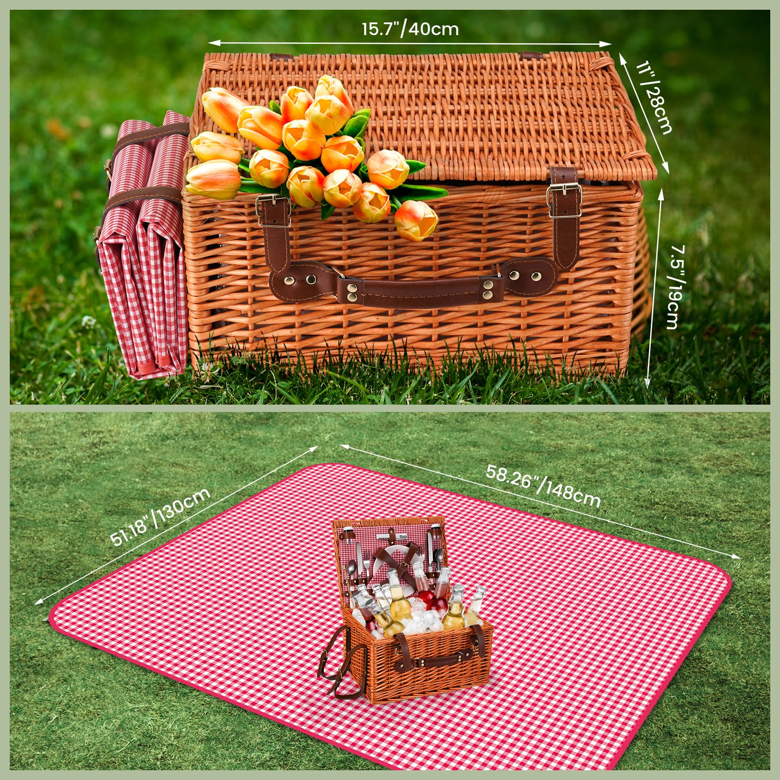 Picknickkorb 4 Personen,Picknickkorb mit Kühlfach und wasserdichte Picknickdecke, Piknik Korb Set mit 4 Sets Besteck, Teller Perfekt für Picknick, Camping, Reisen, Strand(Rot)
