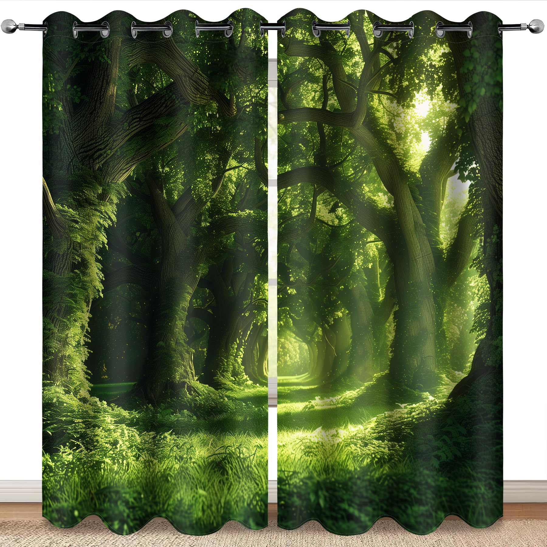 MissHope Green Tree Forest Blackout Curtains Wild Green Scenery Sunshine Decor for Bedroom Study Classroom Living Room Darkening Grommet Window Drapes