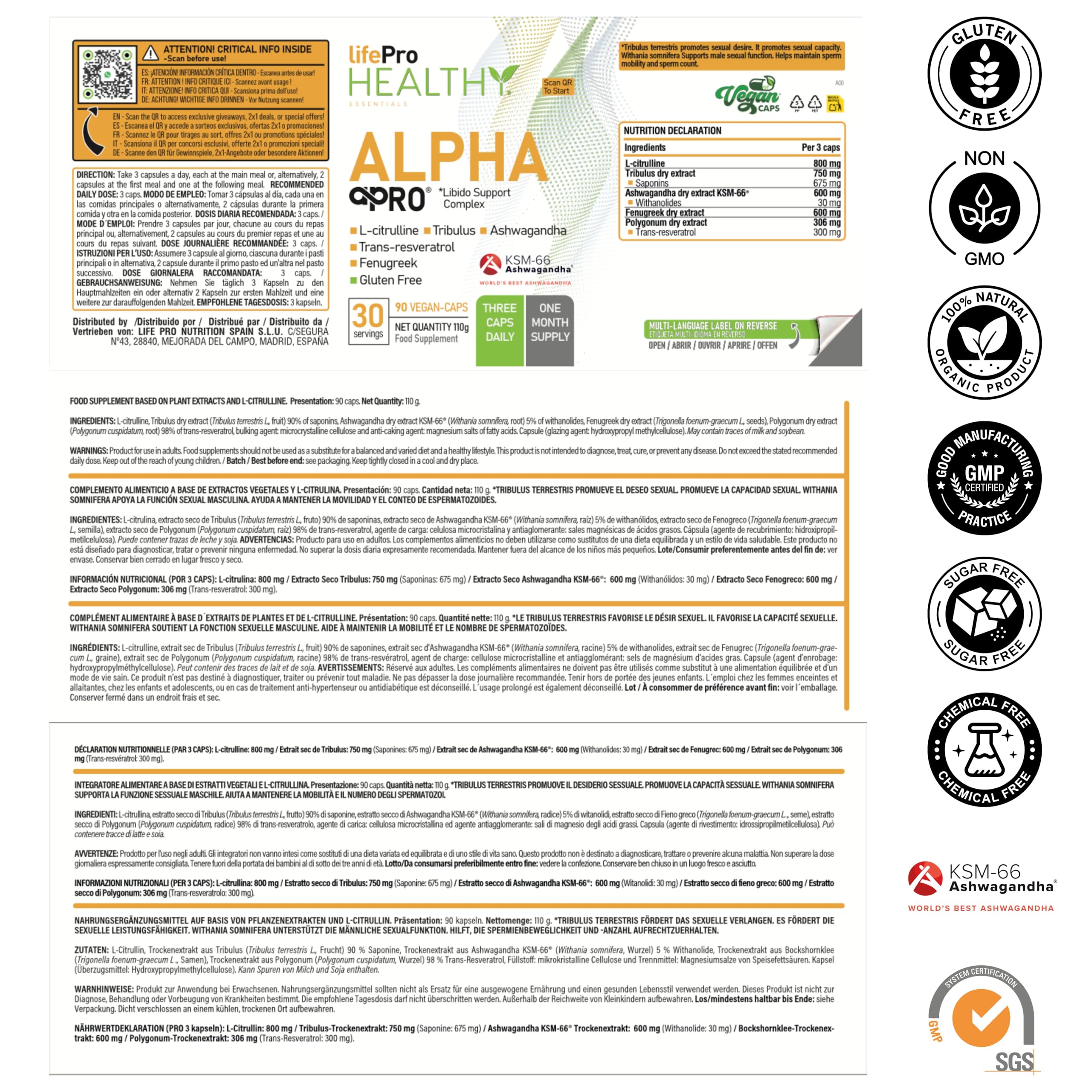 Tribulus Terrestris 90 Saponines Alpha Pro Formule 5 en 1 avec Ashwagandha KSM 66 Fenugrec L-Citrulline et Resvératrol Complément Alimentaire