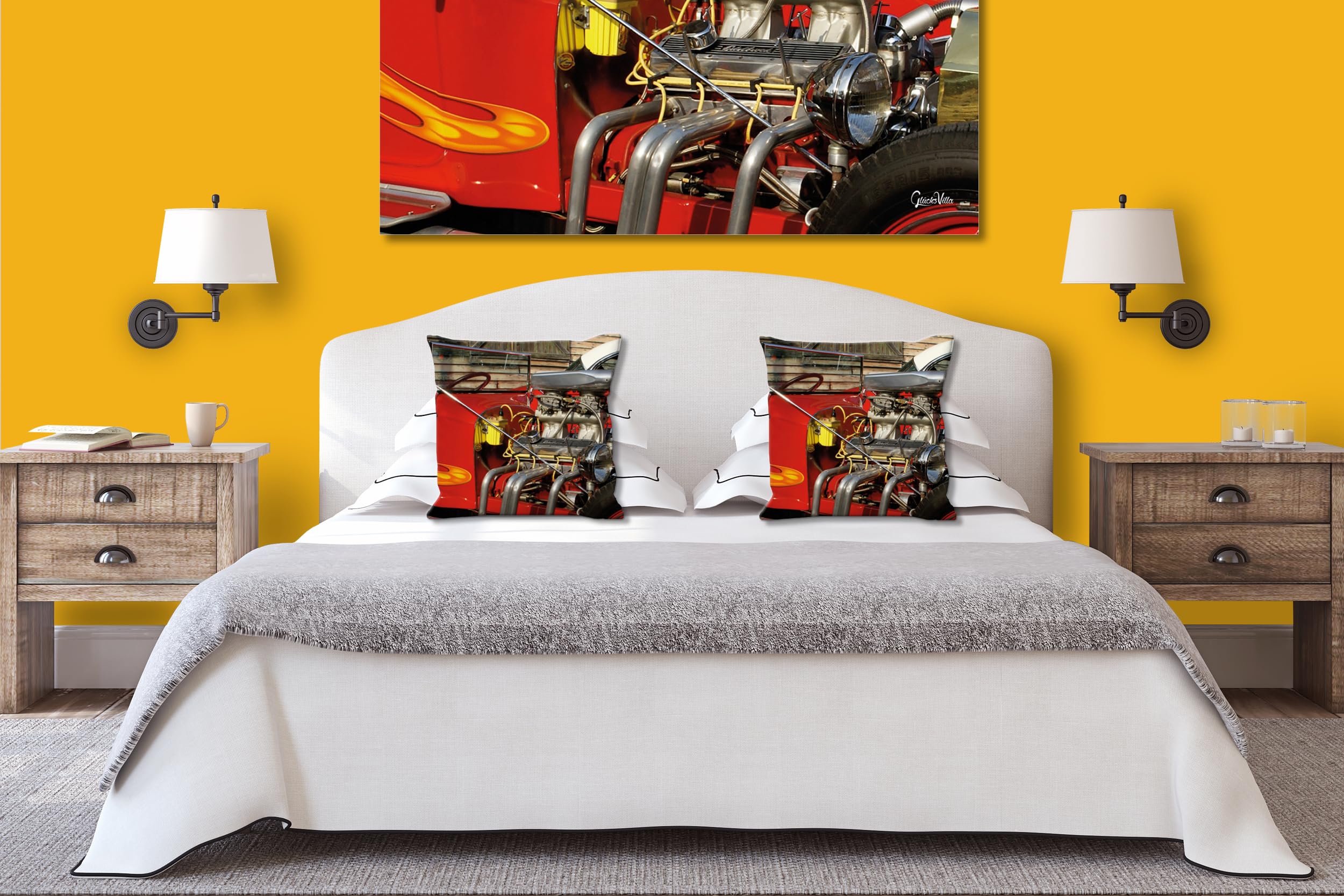 Red Hot Rod - Foto-Kissen-Hülle Set (2 STK.) 40 x 40 cm | Kissen-Bezüge - passend zu Wandbild - Deko-Kissen - Auto Fahrzeug Oldtimer Technik USA