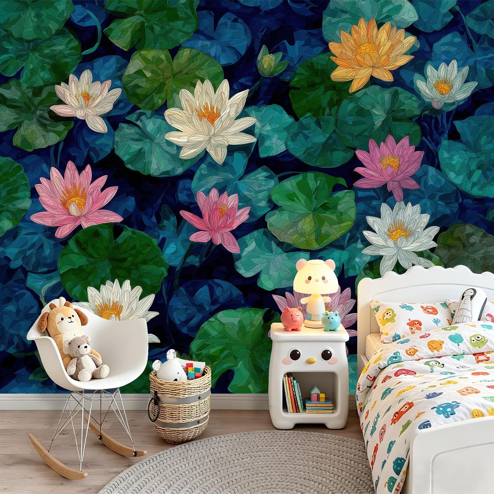 Fototapeta ciemnoniebieska, zielona, tapeta 350 x 256 cm (szer. x wys.), nowoczesna tapeta z włókniny, efekt 3D, dekoracja ścienna, orientalne lilie wodne, staw lotosowy, tapeta ścienna do salonu