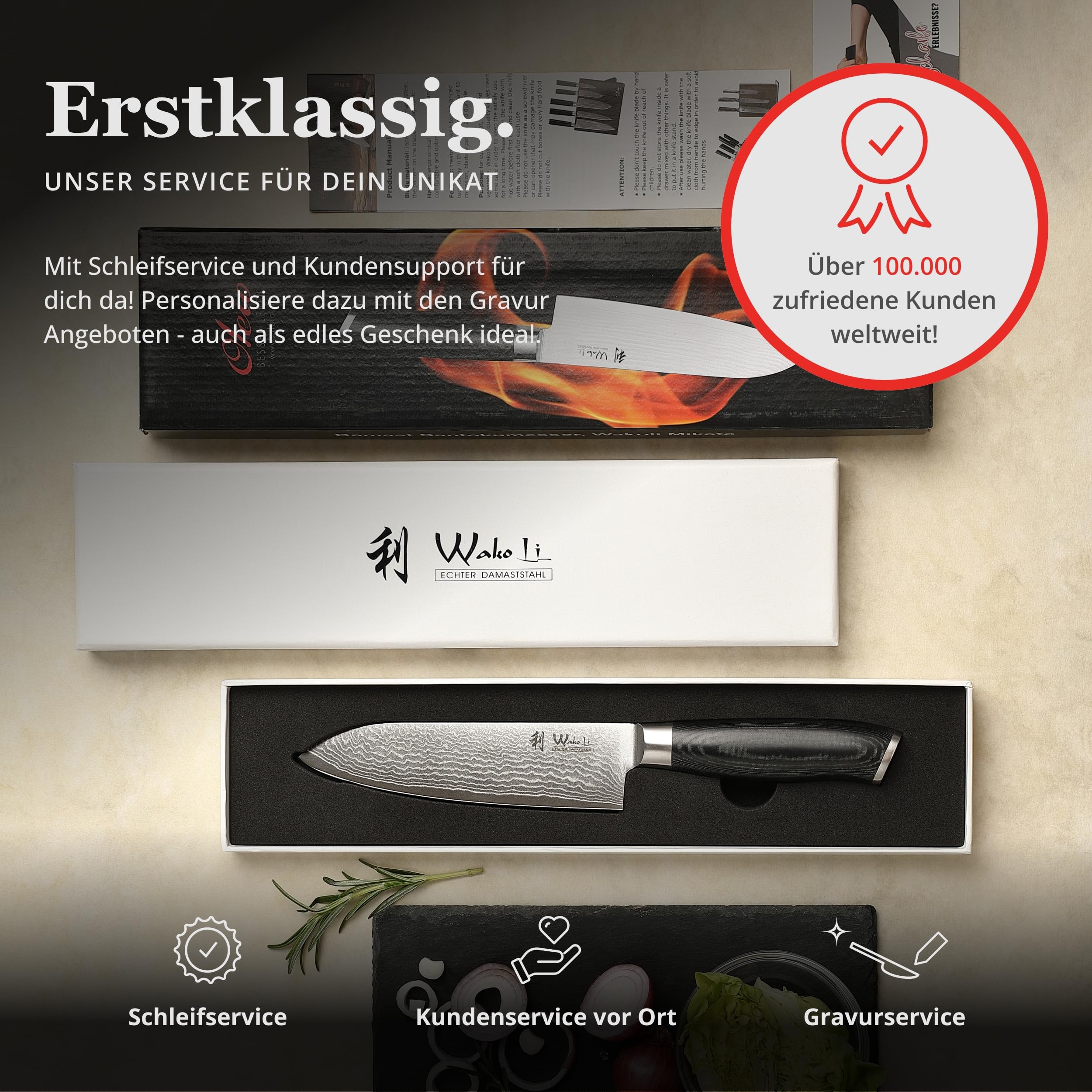 Wakoli Mikata Damastmesser Santoku 17 cm Klinge I aus 67 Lagen I Damast Küchenmesser und Profi Kochmesser aus echtem Damaststahl mit Micarta Griff