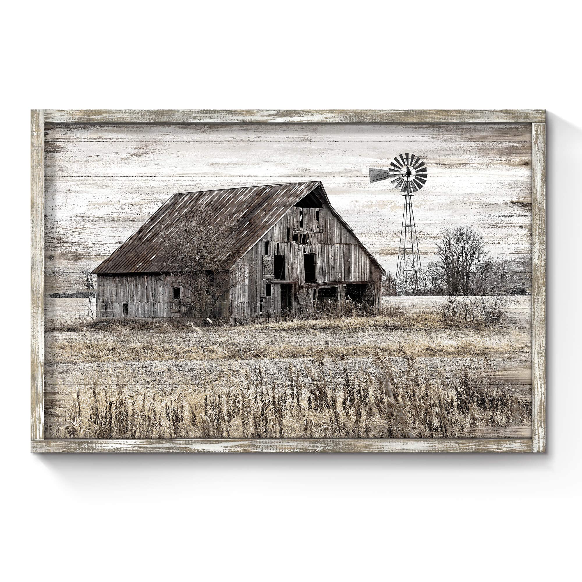 SunFlax Wood Wall Art Farmhouse Picture: Vintage Brown Rural Office Artwork Large Rustic Barn and Windmill Framed Painting for Living Room Bedroom Home