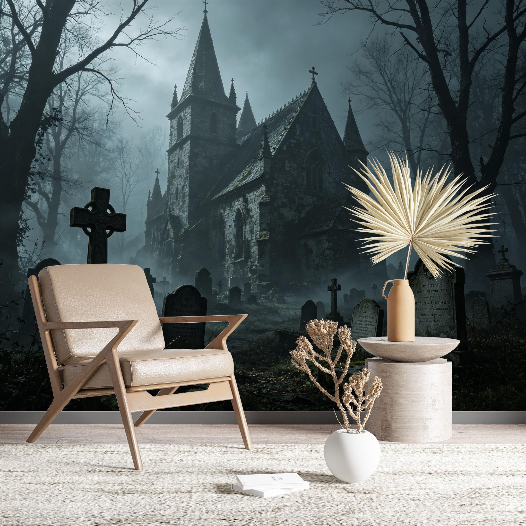 Custom Size Wall Murals Haunted Gothic Church in Misty Cemetery Realistic Self-Adhesive Wall Fabric (NO PVC) Removable Wallpaper for Living Room Bedroom