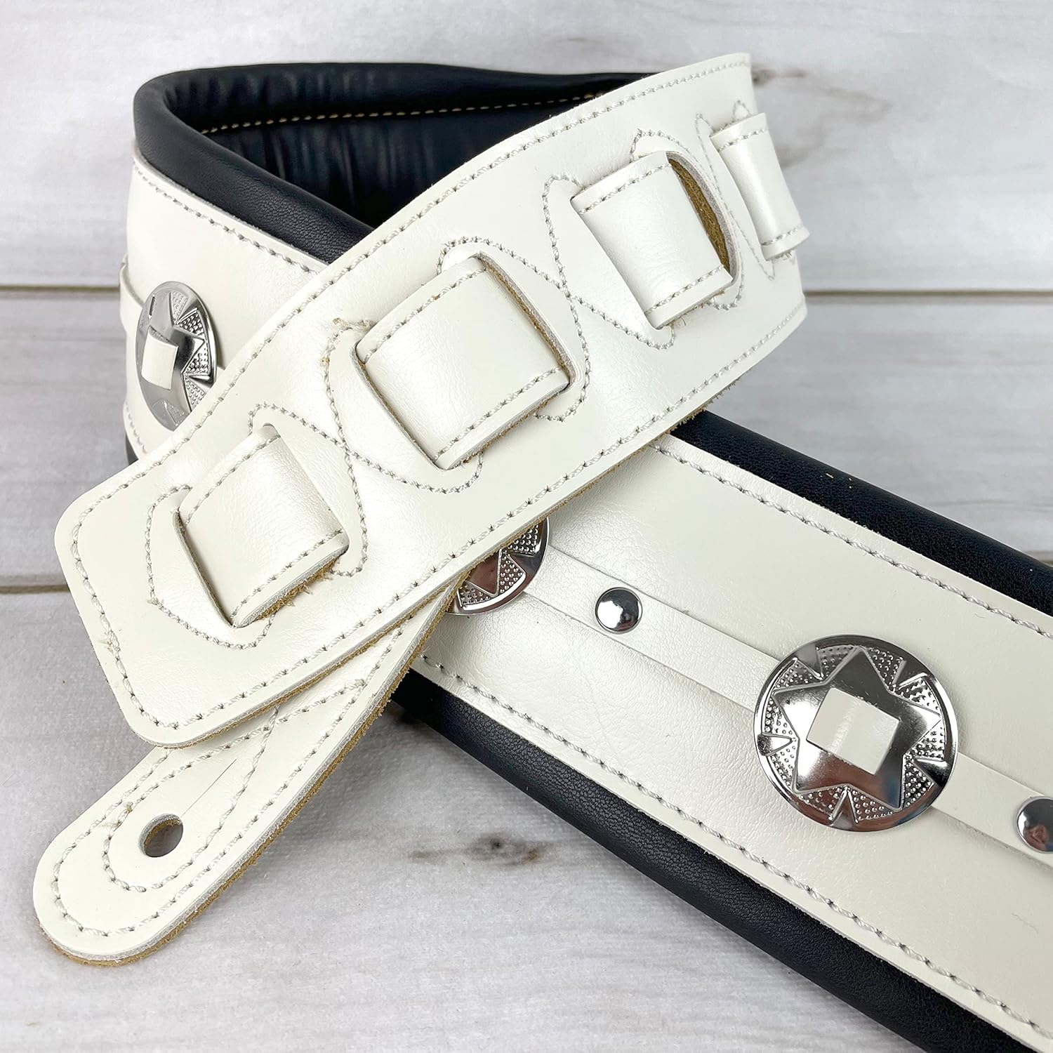 Walker & Williams C-44-WHT Aged White Premium Grain Leather Padded Guitar Strap 3" Wide With Nickel Conchos For Acoustic, Electric, And Bass Guitars