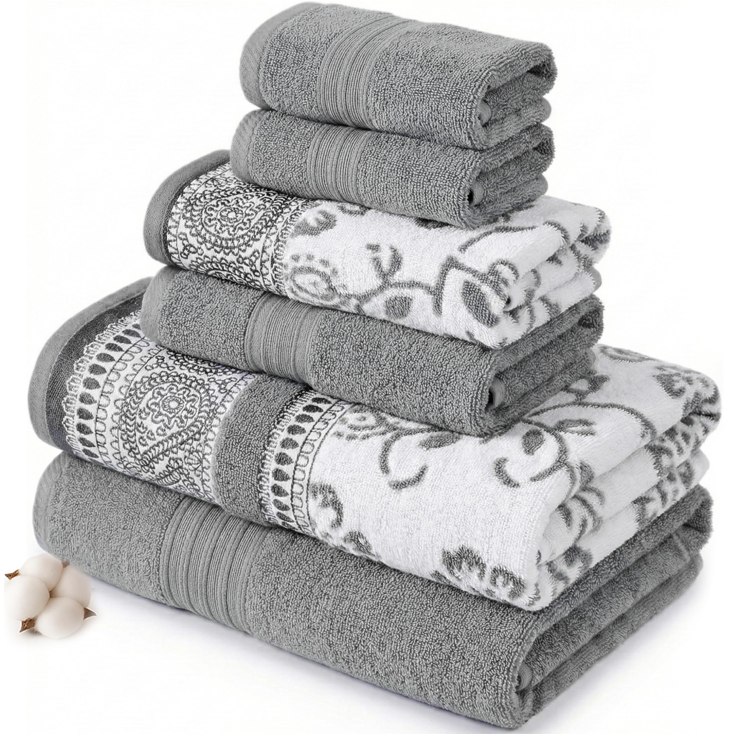 Modern Threads 6 Piece Set, 2 Bath Towels, 2 Hand Towels, 2 Washcloths Yarn Dyed Jacquard/Solid Towel Set Ophelia Stone