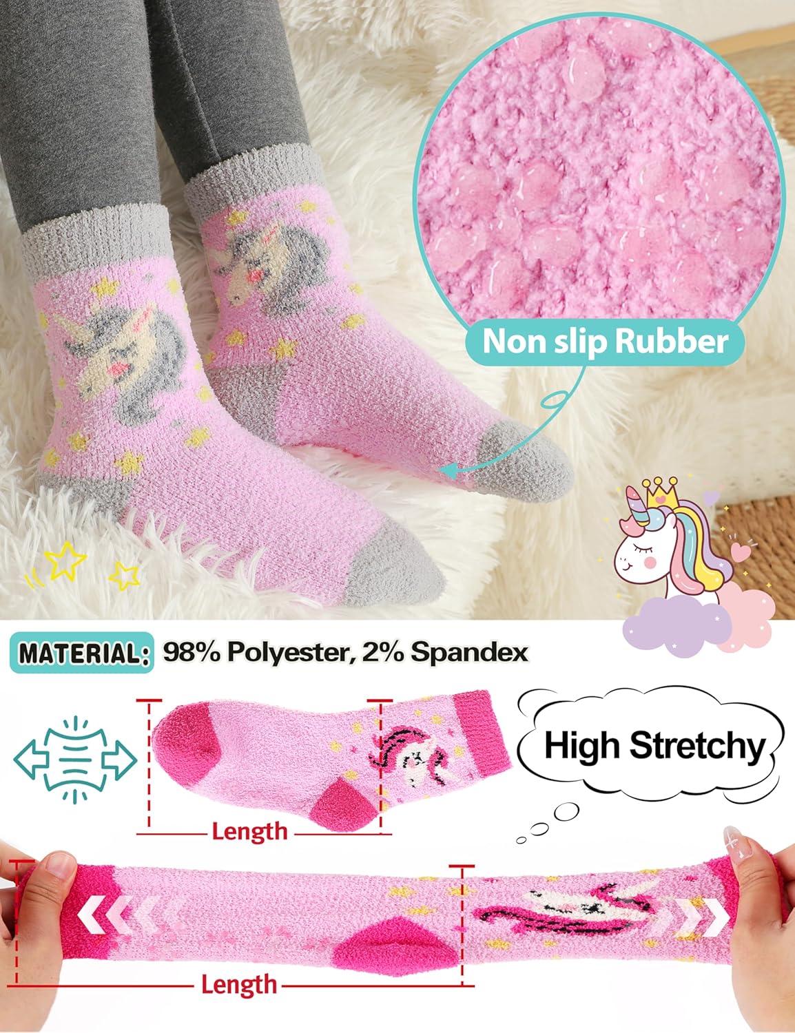 EBMORE Girls Kids Toddler Fuzzy Socks with Grips Non Slip Slipper Socks Crew Cabin Cozy Fluffy Warm Winter Socks 6 Pairs - Image 2