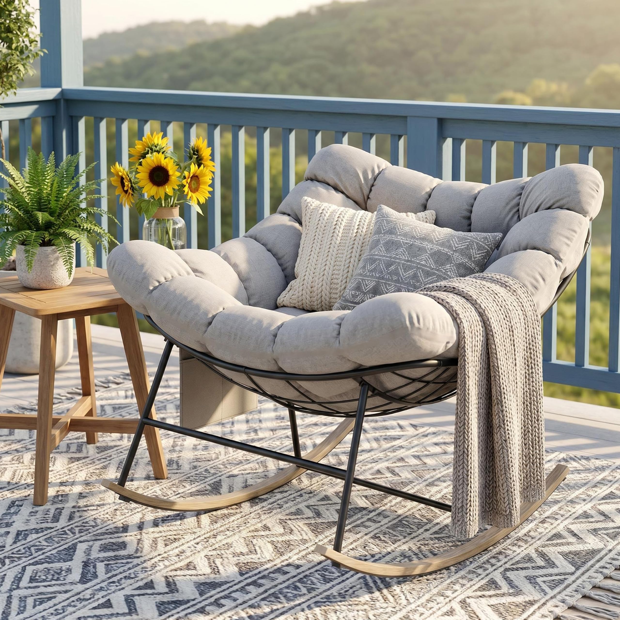 Fiutazge 2 Pezzi Sedia a Dondolo da Esterno,Poltrona Relax Ergonomica a Forma di Uovo per Giardino,Balcone,Veranda e Soggiorno,Portata 180 kg,Beige