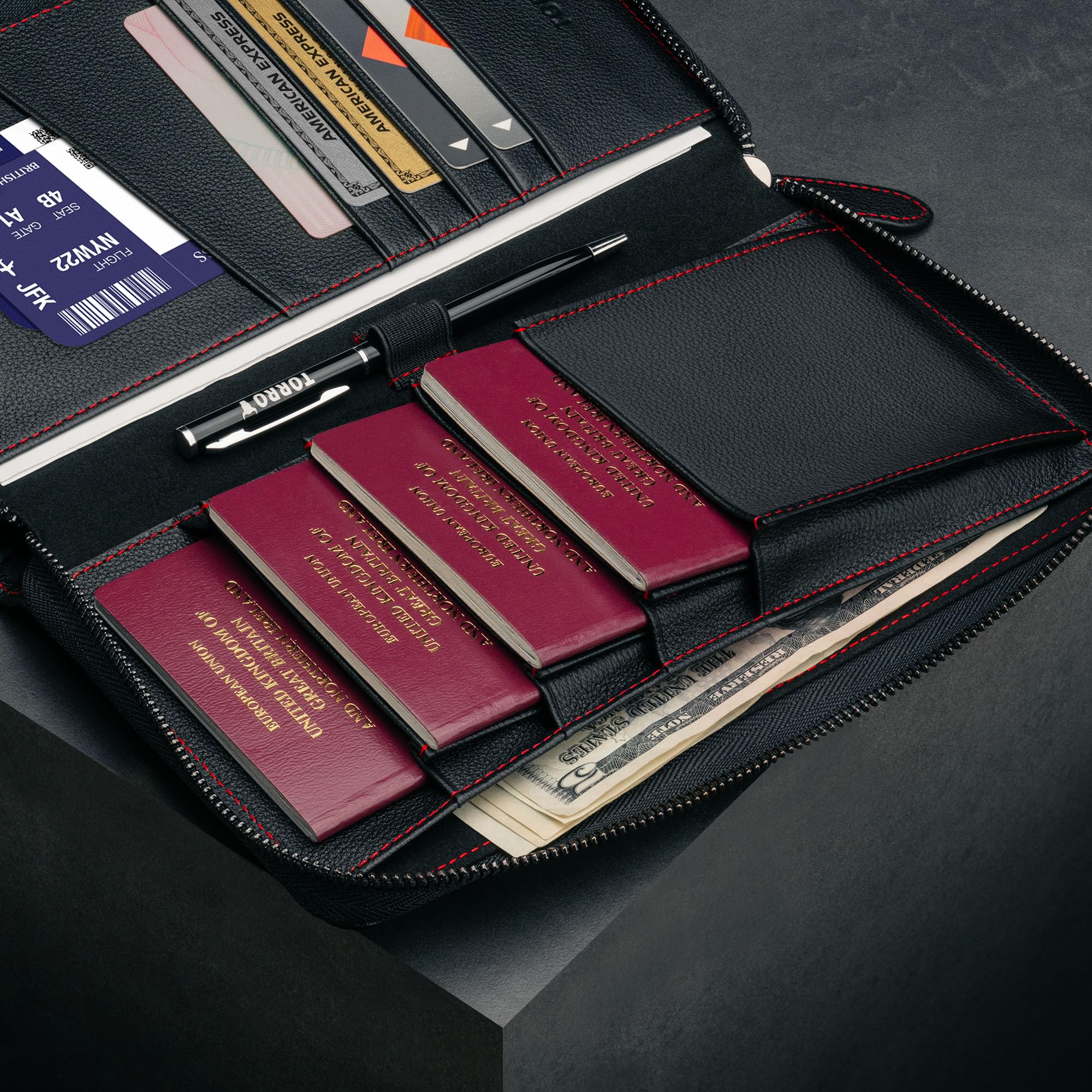TORRO Portafoglio da Viaggio per Famiglia - Portafoglio da Viaggio per Organizer da Viaggio in Pelle Premium/Porta Passaporto Familiare per 4 Passaporti (Nero)