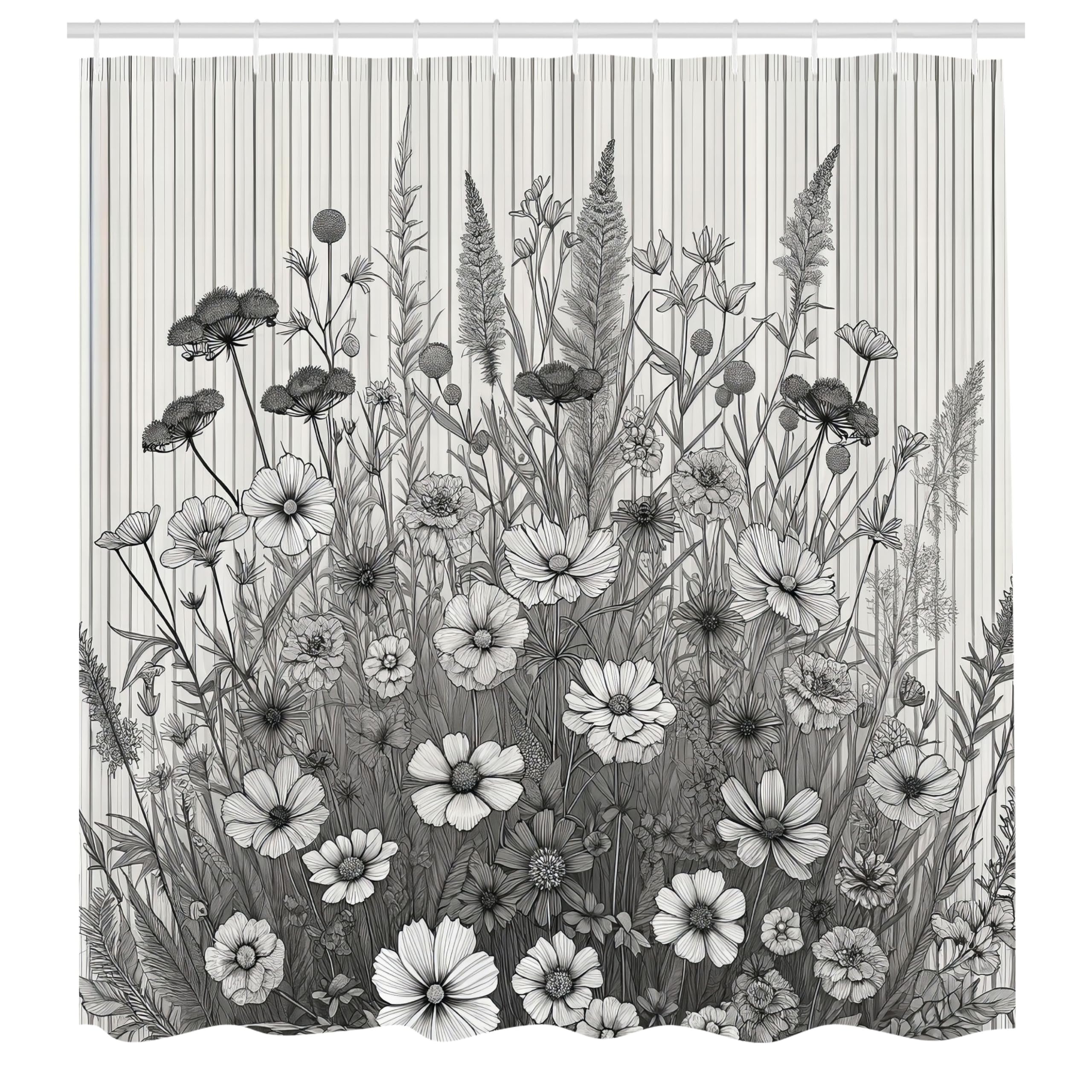 ABAKUHAUS Black and White Shower Curtain, Wildflowers Stripes, Cloth Fabric Bathroom Decor Set with Hooks, 175 x 180 cm, Pale Grey Off-White
