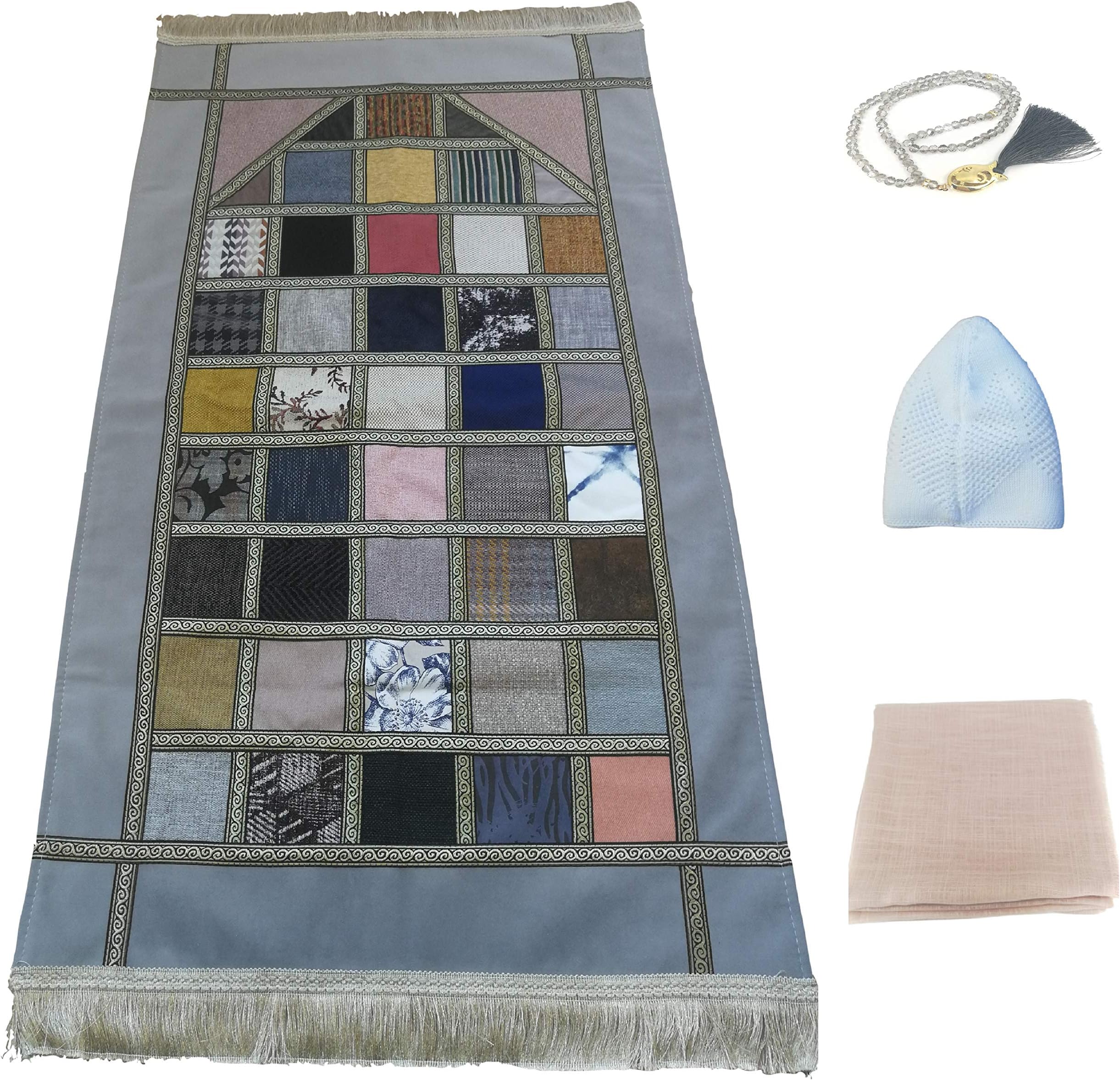 Prayer Rug Set- Special Design Forty Patches of Velvet Muslim Prayer Mat for Men and Women- Perfect Ramadan Gift with Portable Prayer Mats + Kufi Hat + Scarf + Prayer Beads (4 in 1 Set)