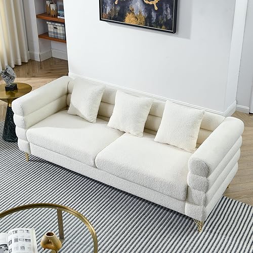 Miniatura 4 de 81" Oversized 3 Seater Sofa Upholstered Sectional Couch with 3 Pillows Modern Teddy Loveseat with Golden Metal Legs for Living Room, Bedroom,