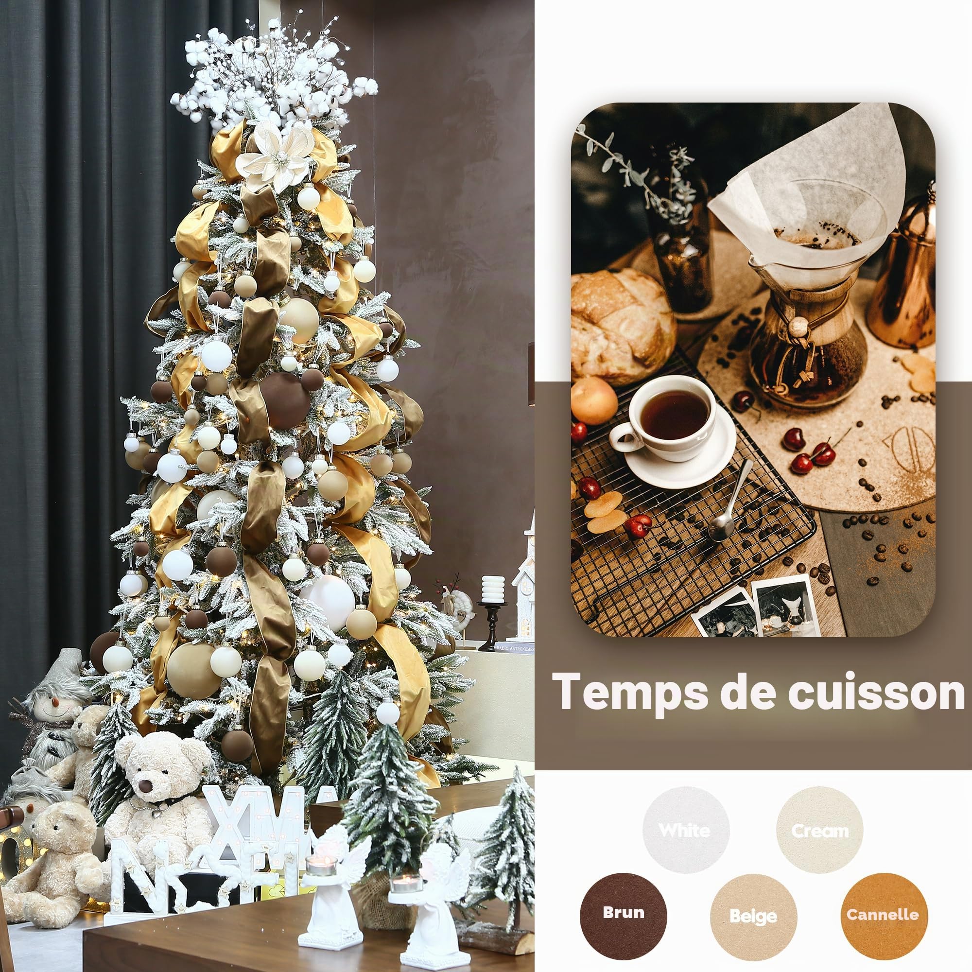 Sea Team 32 Boules Noël Velours incassables multitaille crème | Boules en velours floqué incassable, parfaites pour sapin, couronne, guirlande. Idéales pour Noël, mariage, fête.