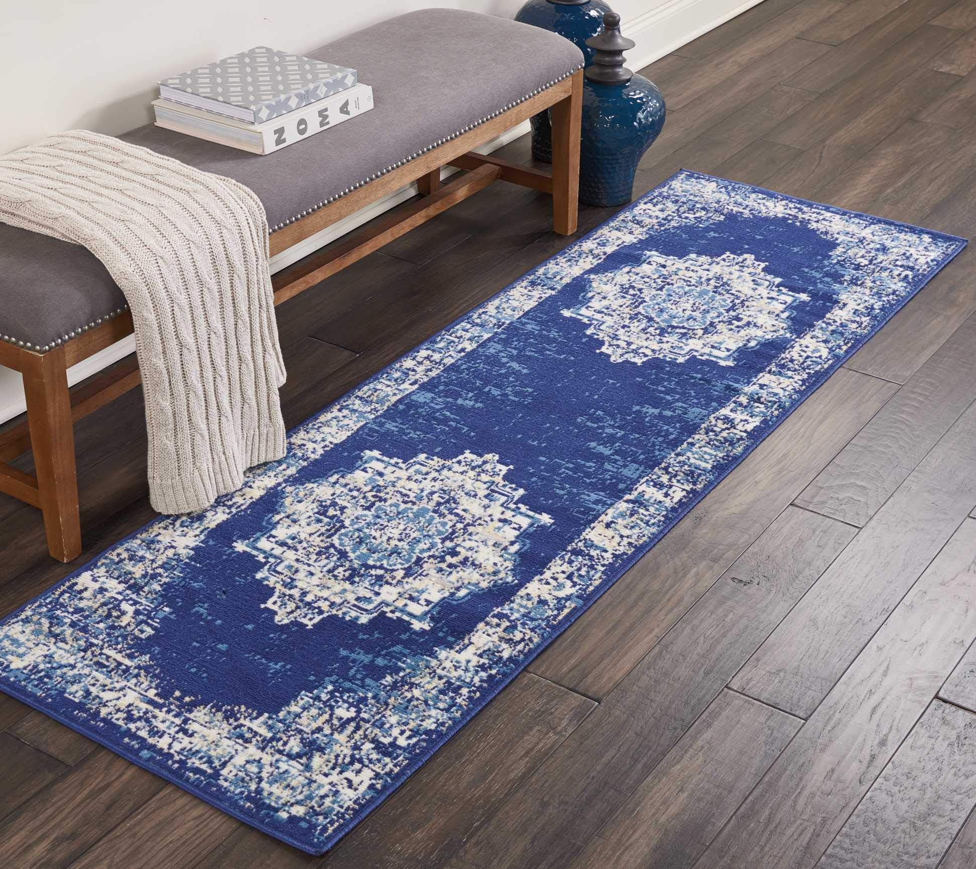 Home Grafix Navy Blue 2'3'' x 7'6'' Traditional Area-Rug, Modern, Easy-Cleaning, Non Shedding, Bed Room, Living Room, Dining Room, Kitchen, (8' Runner)