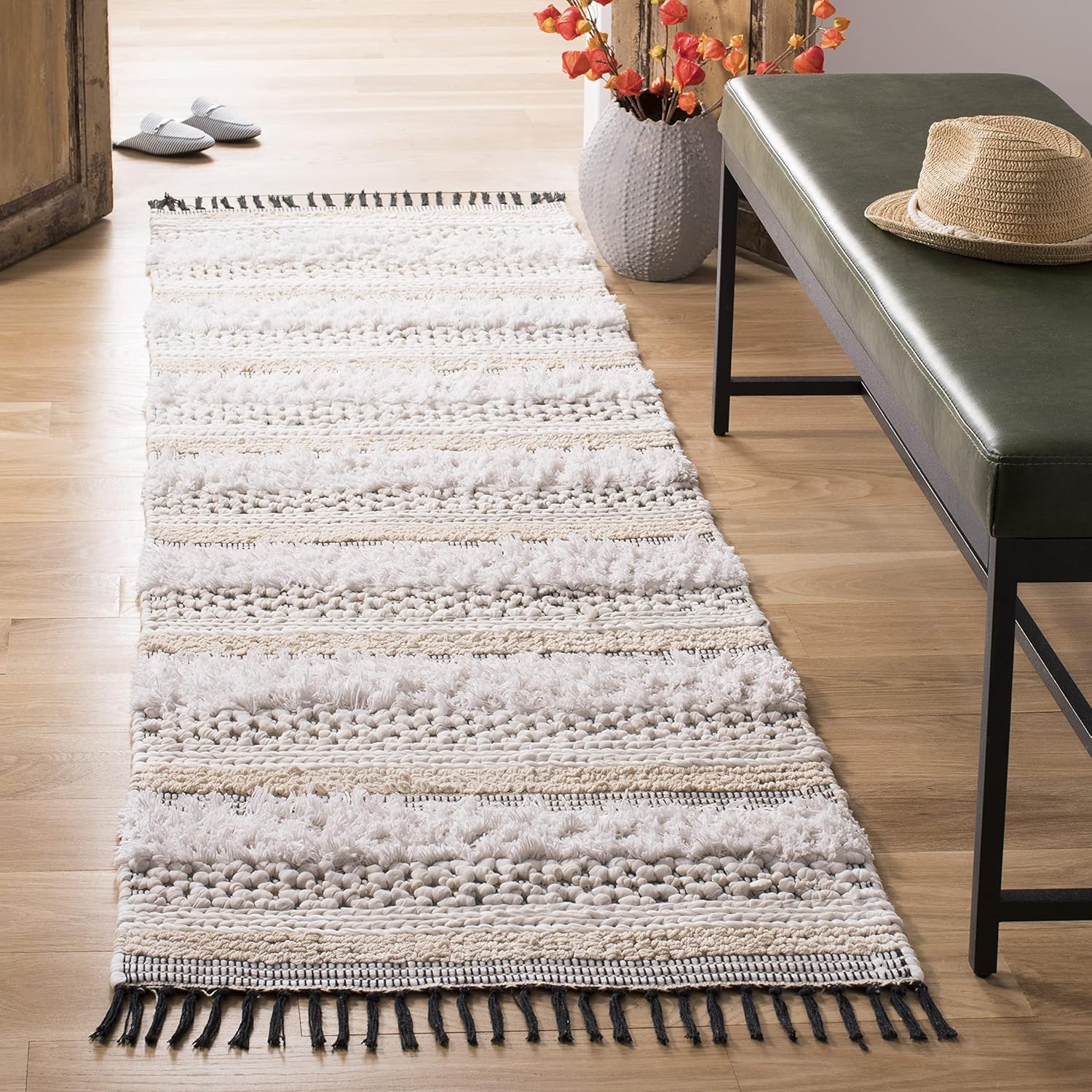 SAFAVIEH Boston Collection 3' x 5' Ivory/Beige BOS101A Handmade Flatweave Fringe Cotton Area Rug