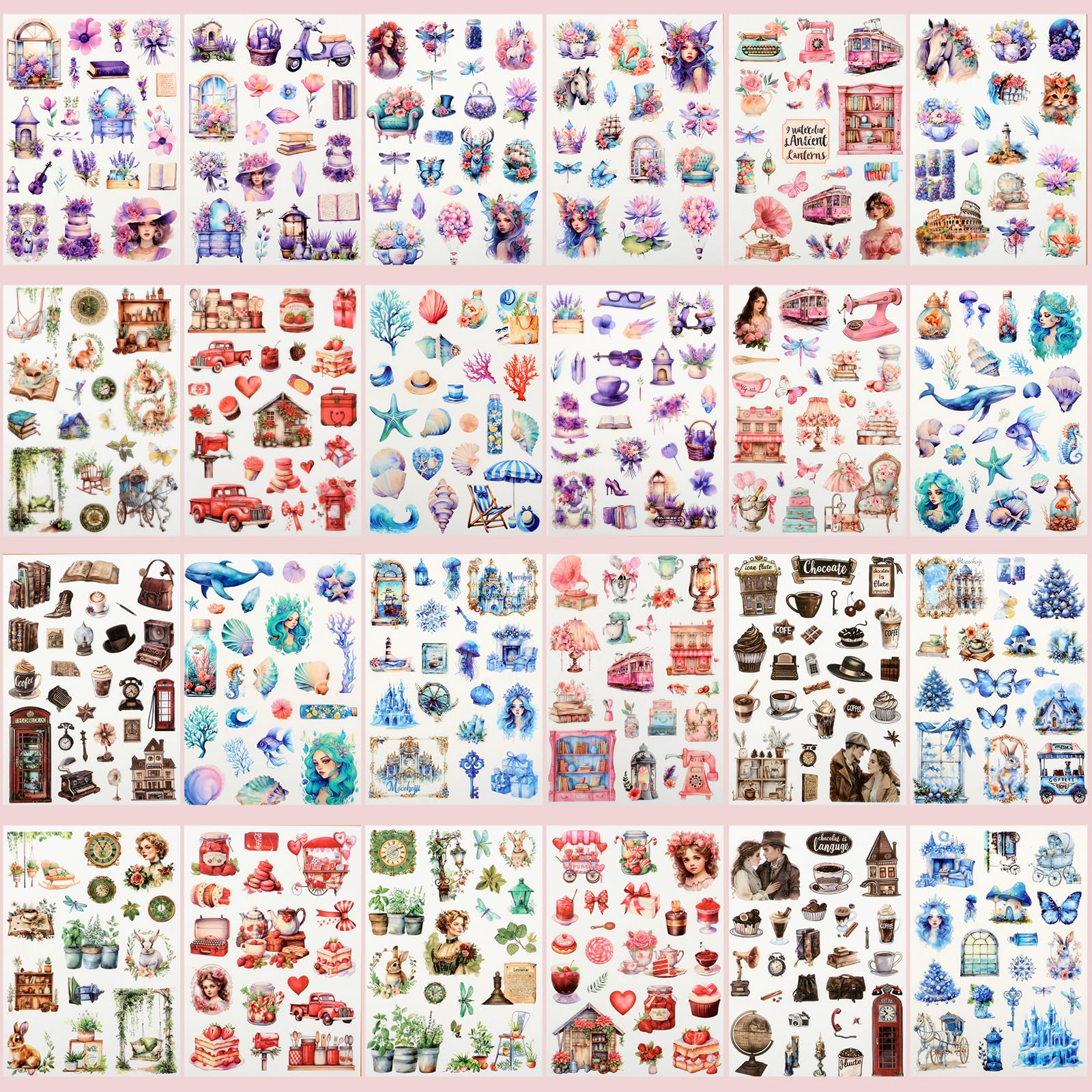 Naklejki w stylu vintage, 24 arkusze, 480, wstępnie wycięte naklejki, fantazyjne naklejki Washi, naklejki do dziennika, naklejki dla dorosłych, artykuły do scrapbookingu