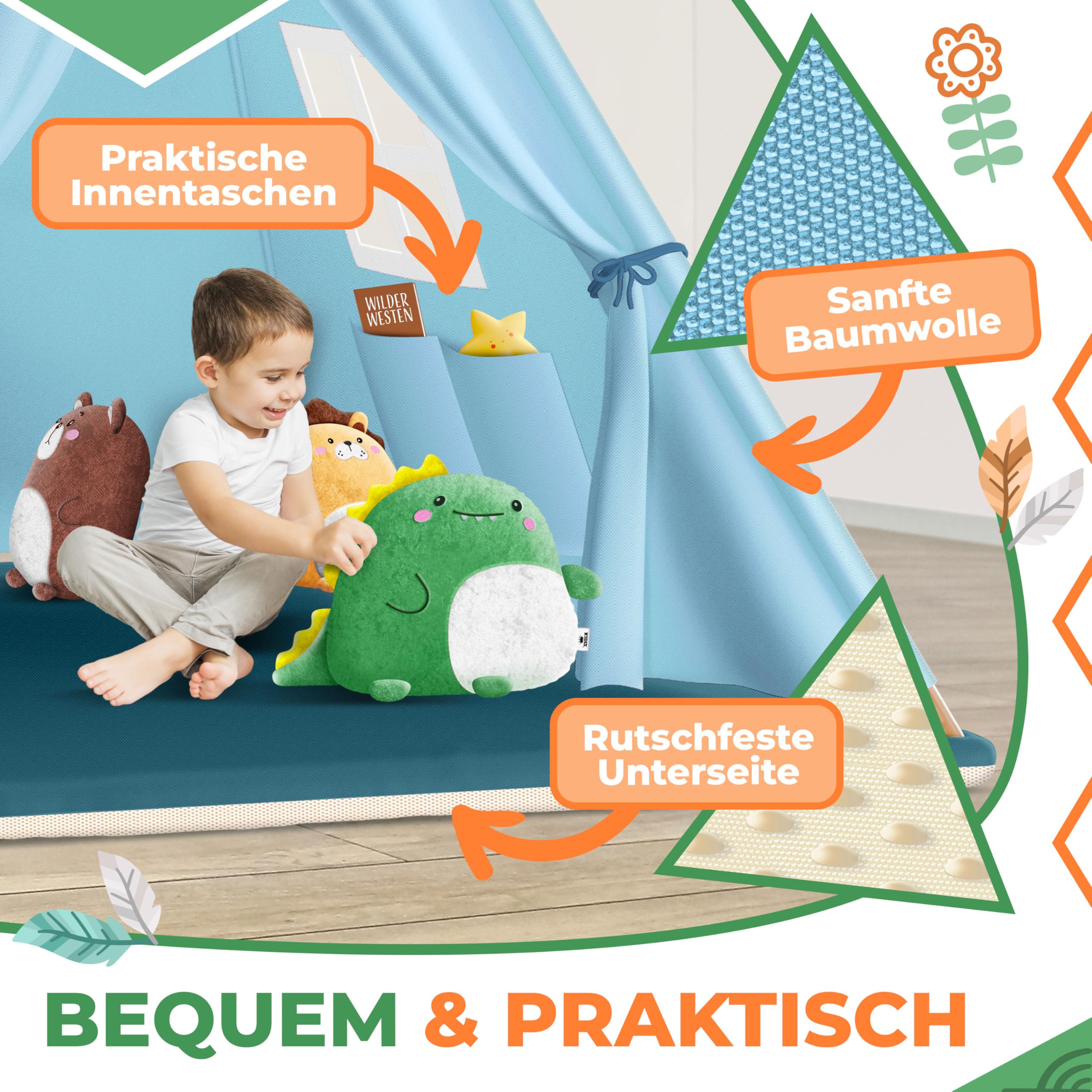 Tipi-tent voor kinderen van 100% katoen met anti-instortingssysteem, knuffelmat, twee kussens, kindertent, kinderspeeltent, kinderhuis, kindertent voor binnen en buiten